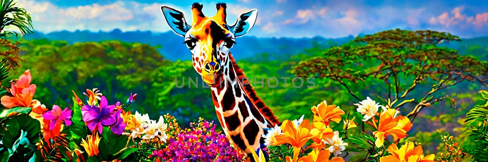 portrait of a giraffe with flowers. Selective focus. animal.