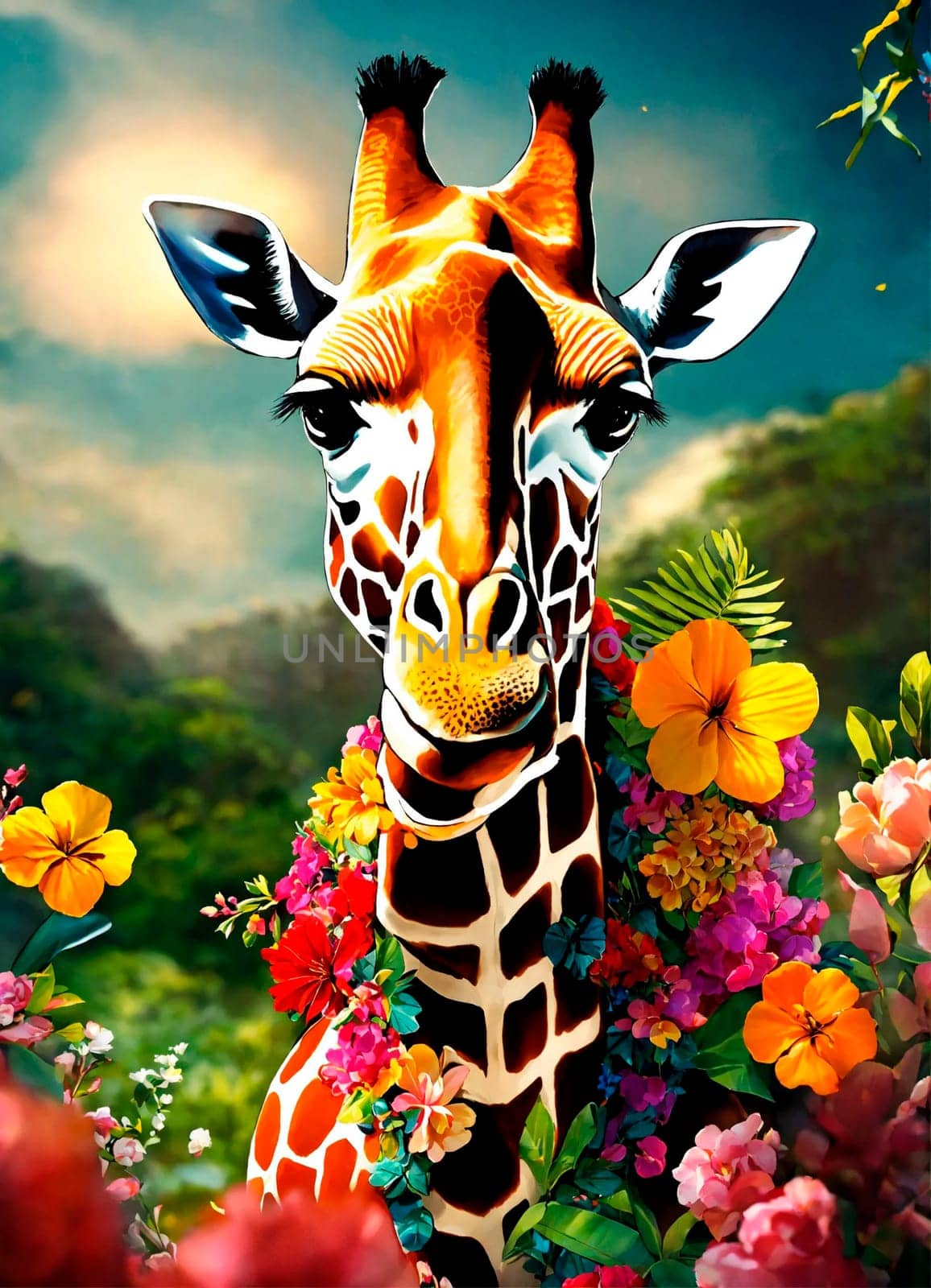 portrait of a giraffe with flowers. Selective focus. by yanadjana
