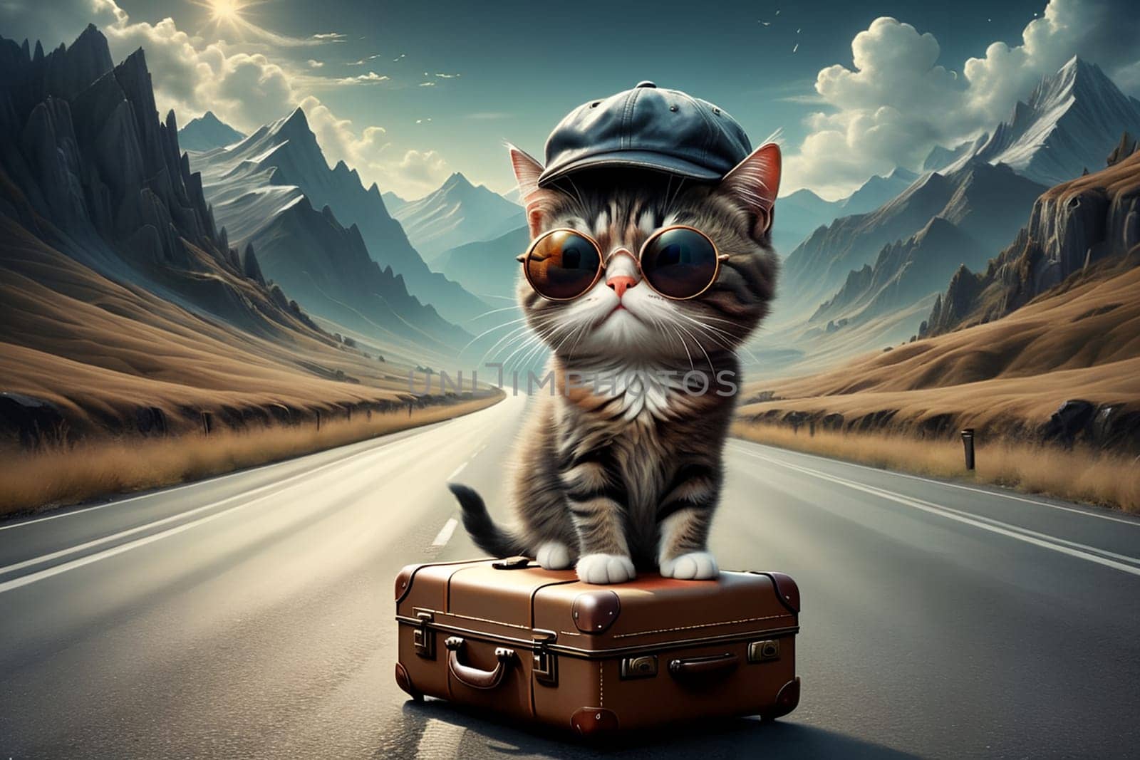 A beautiful young cat with suitcases stands on the road, the cat is a traveler. by Rawlik