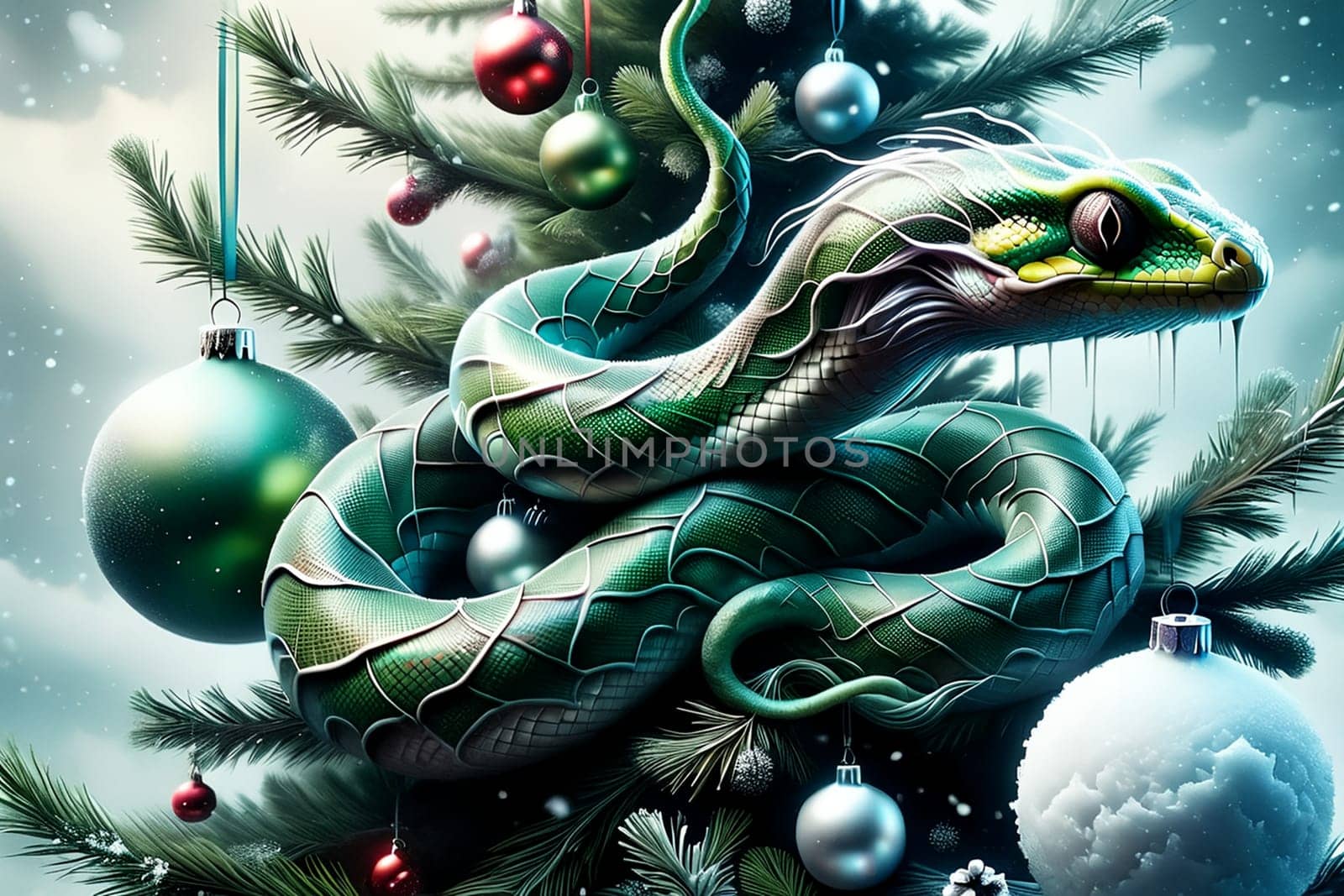 A forest green snake crawls along a Christmas tree with balls.. AI generated image.