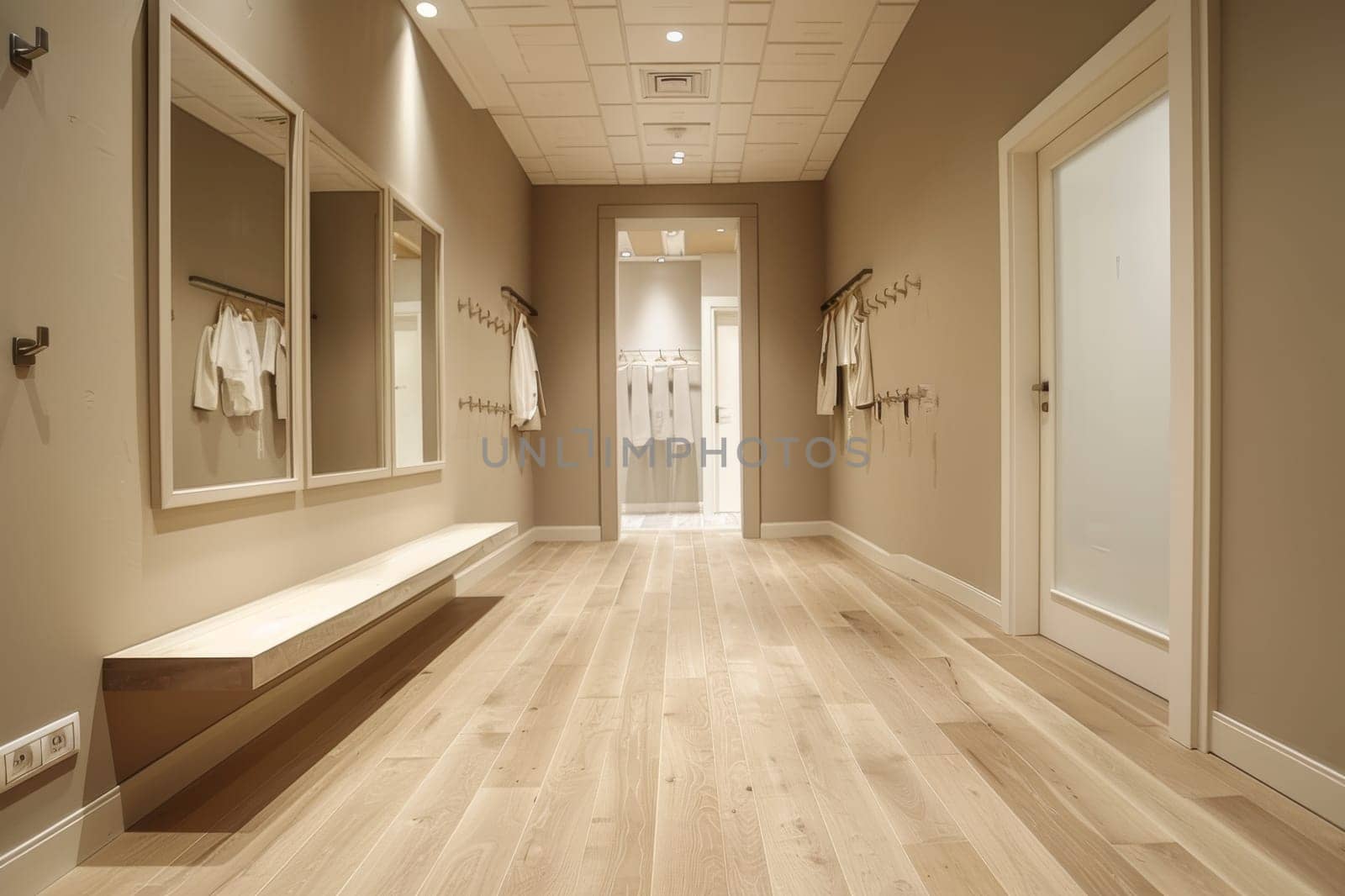 Empty fitting room in a clothing store. Generative AI.