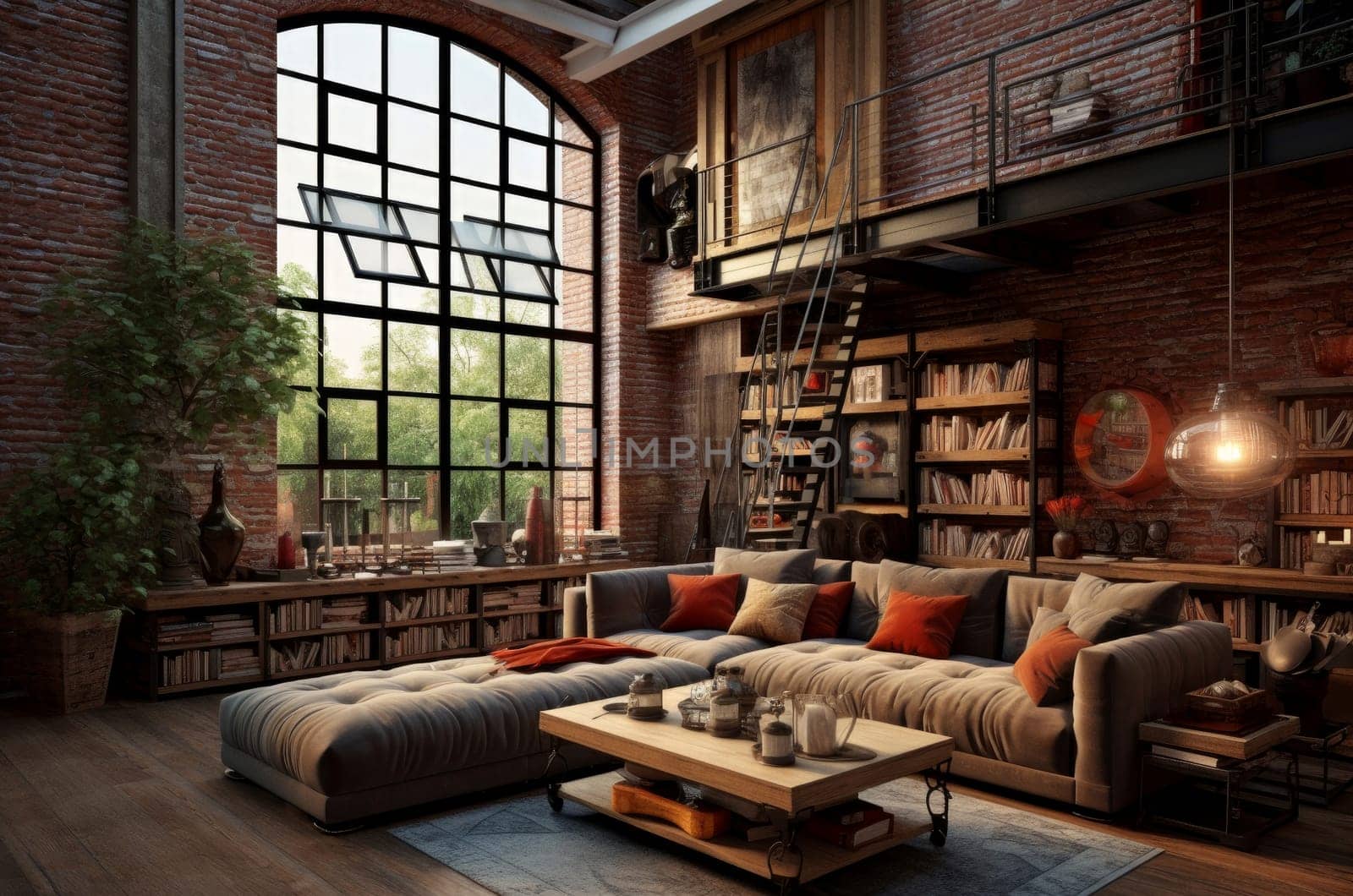 Spacious Loft style house sofa. Modern living room. Generate Ai