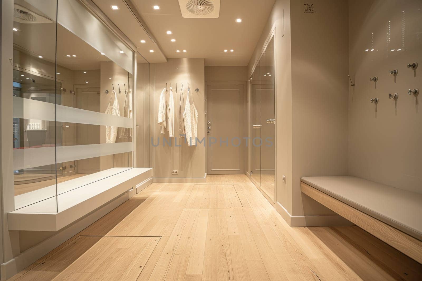 Empty fitting room in a clothing store. Generative AI by itchaznong