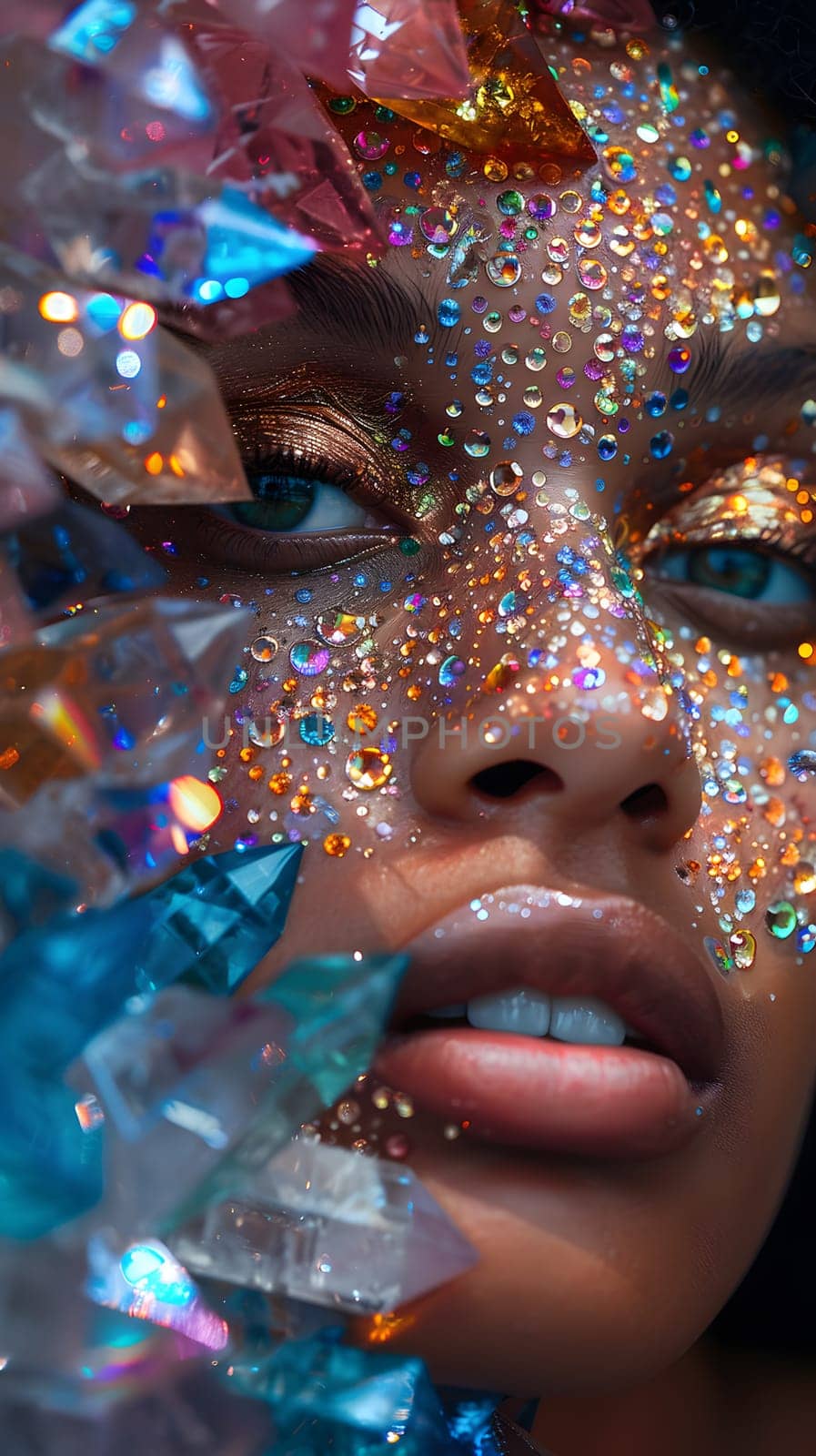 Closeup of a happy womans face adorned with glitter and crystals, showcasing her nose, mouth, jaw, and eyelashes. An artistic display with electric blue accents, perfect for a special event