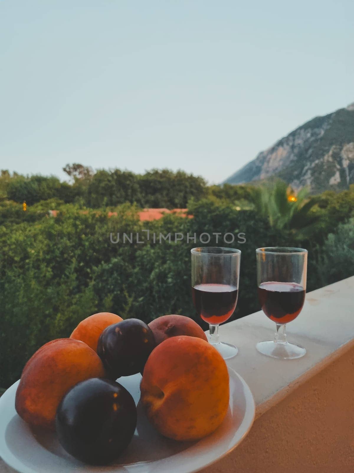 vertical photo, romantic dinner on balcony with fruit and red wine with beautiful view of mountains by Leoschka