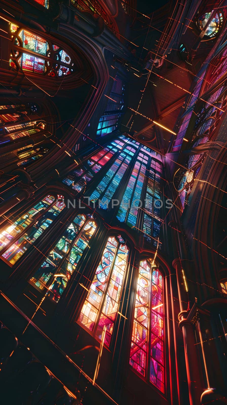 The buildings stained glass windows were a mesmerizing display of tints and shades, with vibrant magenta and electric blue patterns illuminating the darkness of the church