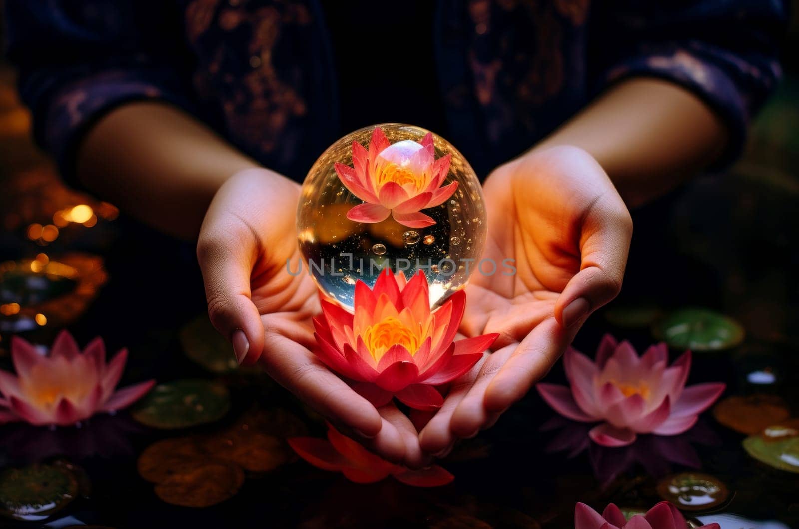 Translucent Lotus glass ball. Spiritual art crystal. Generate Ai