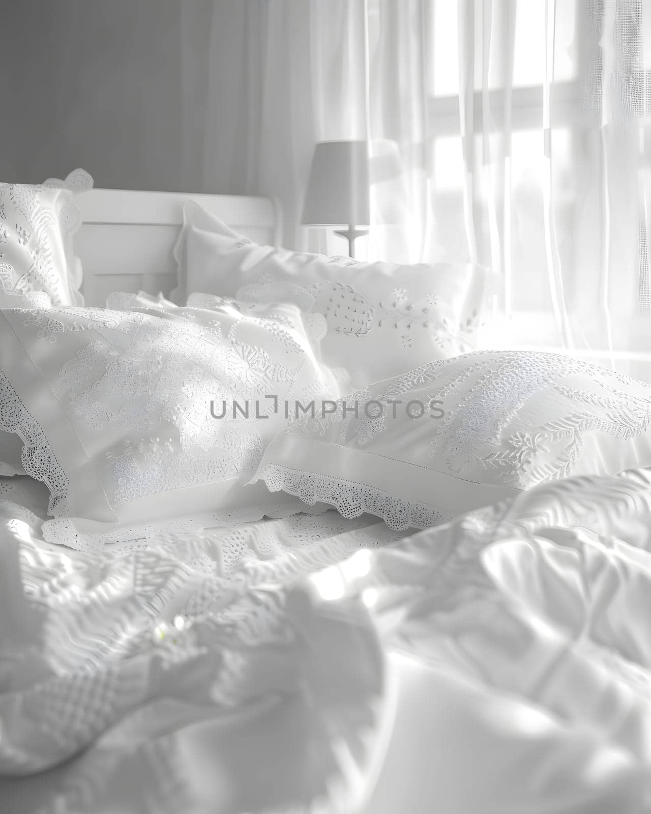 A cozy bed with white linens, pillows, and a cloudlike comforter in a grey and blackandwhite bedroom, perfect for monochrome photography enthusiasts