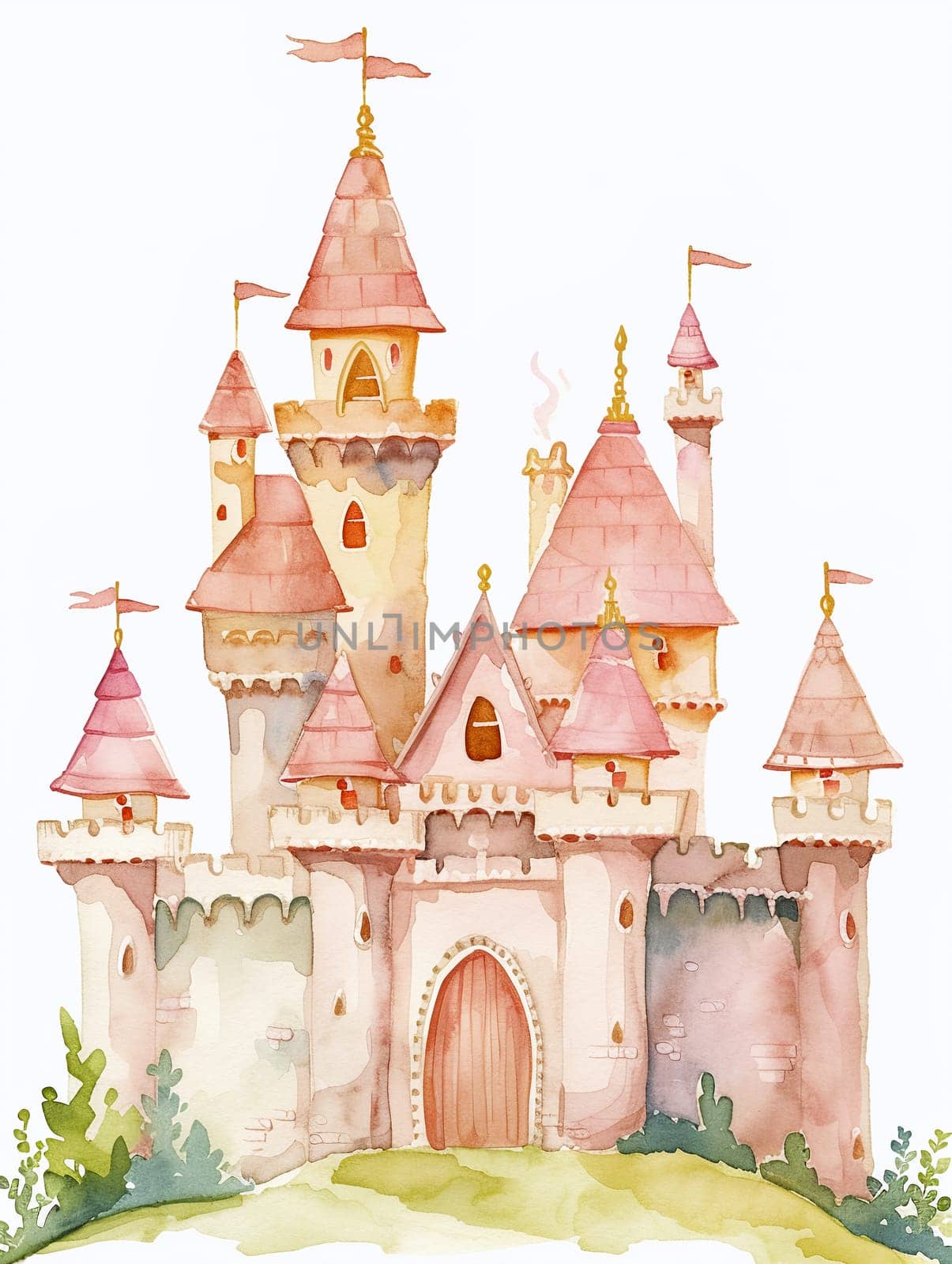 A detailed watercolor depiction of a castle featuring prominent turrets and architectural details.