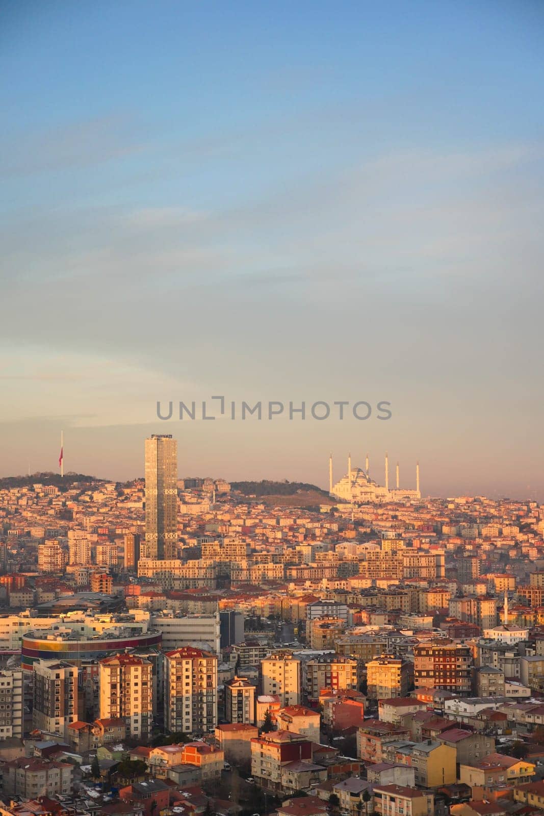 Arial View of Istanbul city buildings and camlica mosque in background by towfiq007