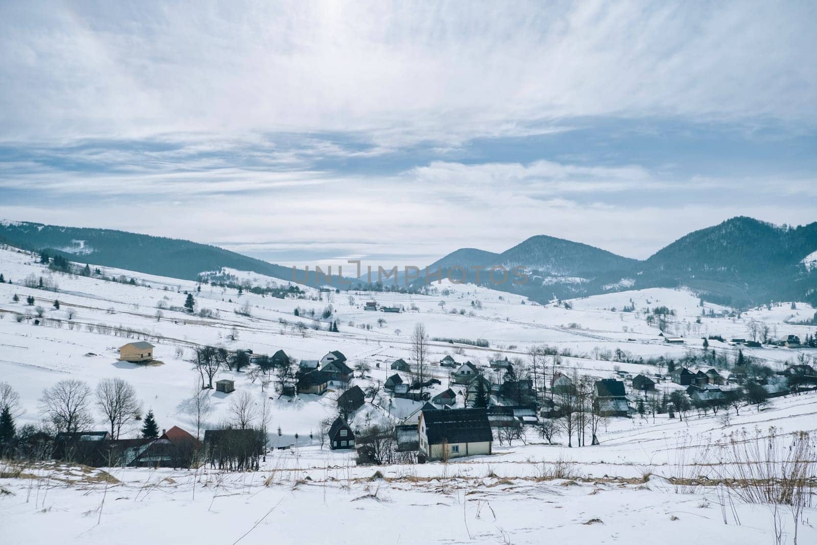 Frosty winter in Carpathian mountains with snow covered fir trees. Outdoor panorama. Artistic style post processed photo. by igor010