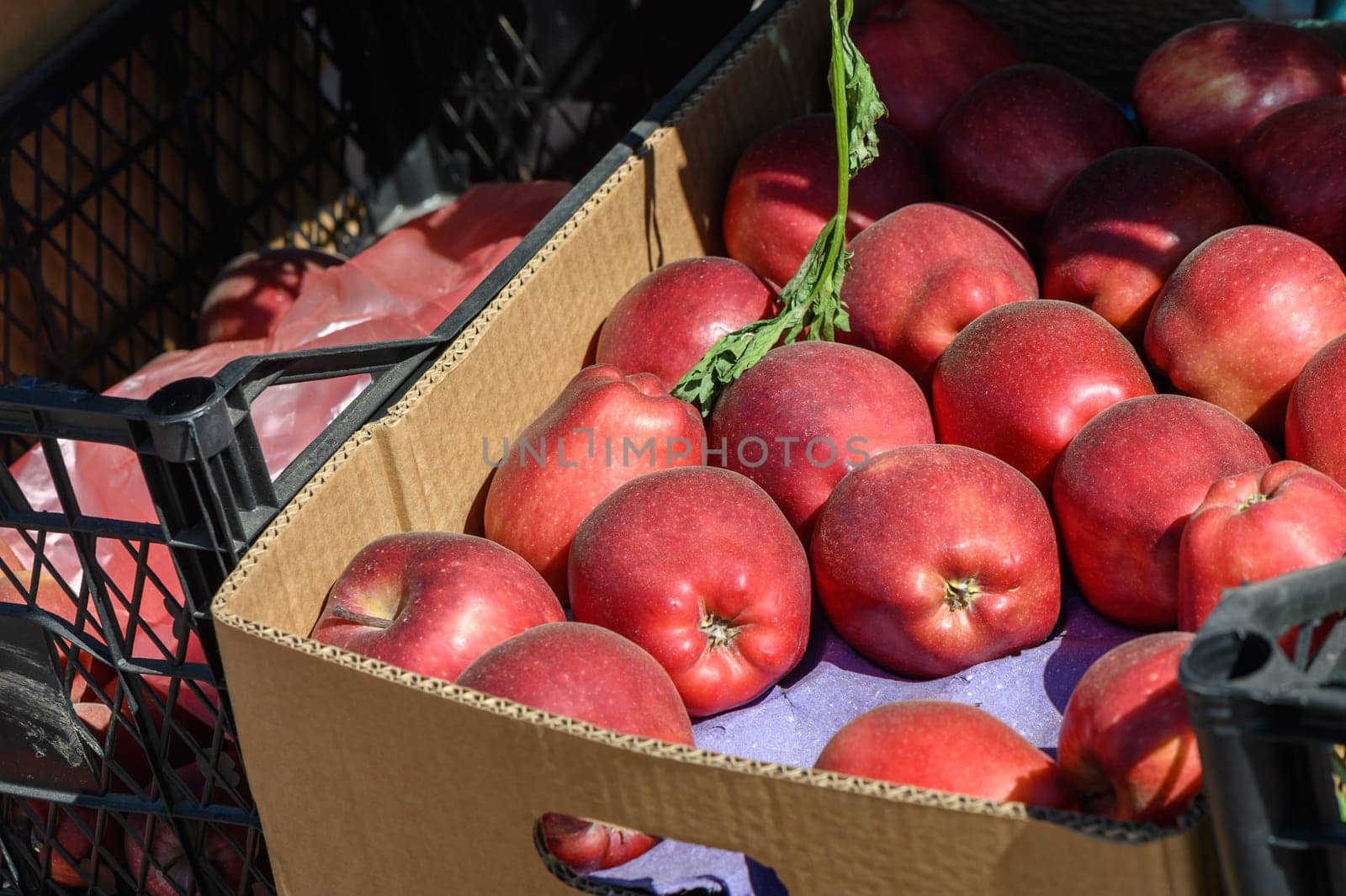 red apples in a box near a store in Cyprus