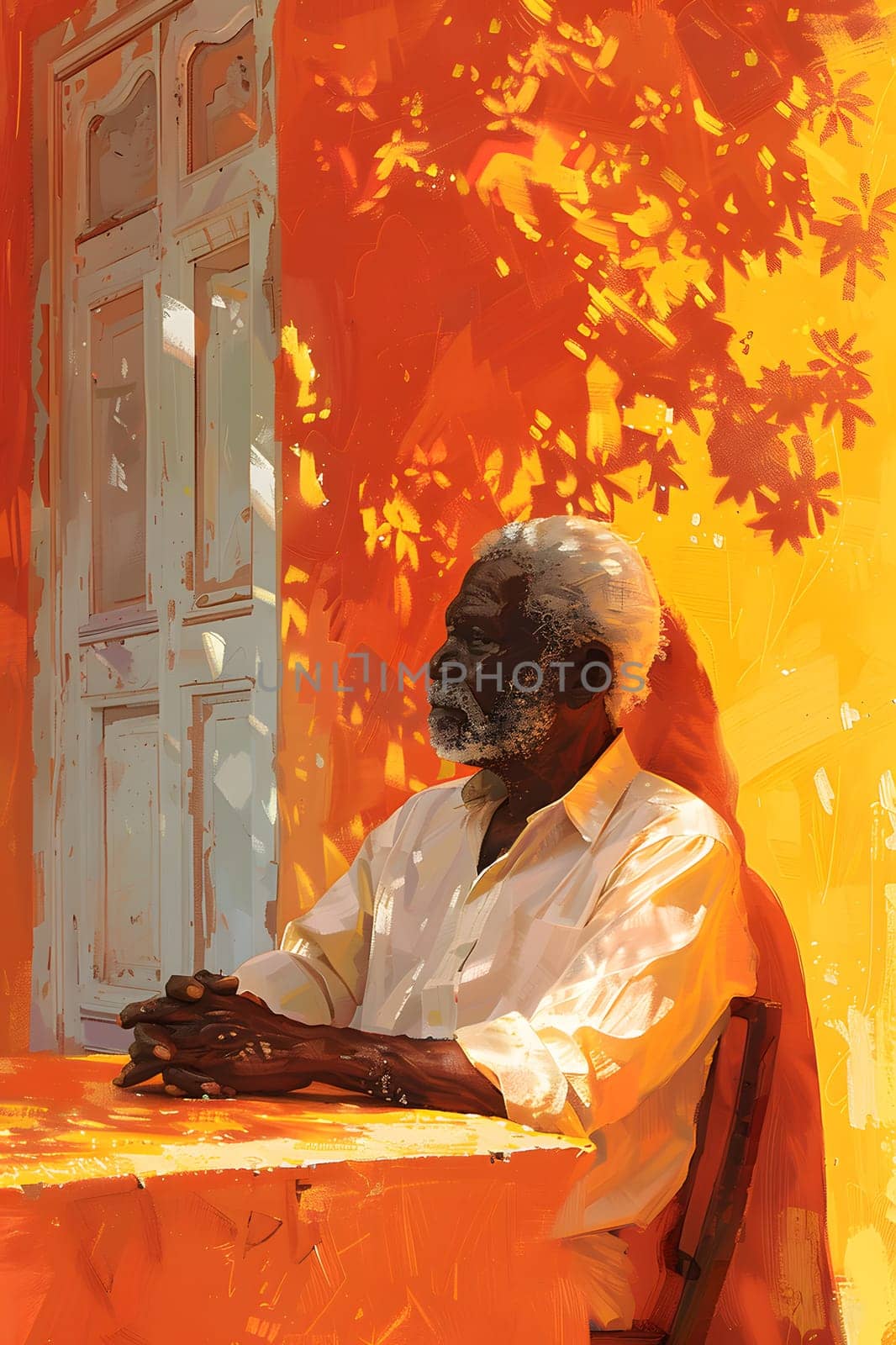 A painting by the artist featuring a man sitting at a table in front of an orange wall, with tints and shades of amber. The window adds contrast to the wood and paint