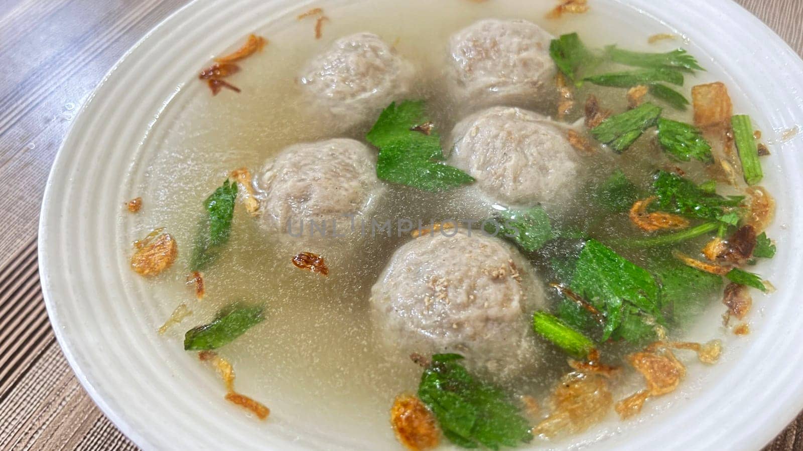 Delicious beef meatball soup tasty and healthy soup cooking also known as Bakso in Indonesia