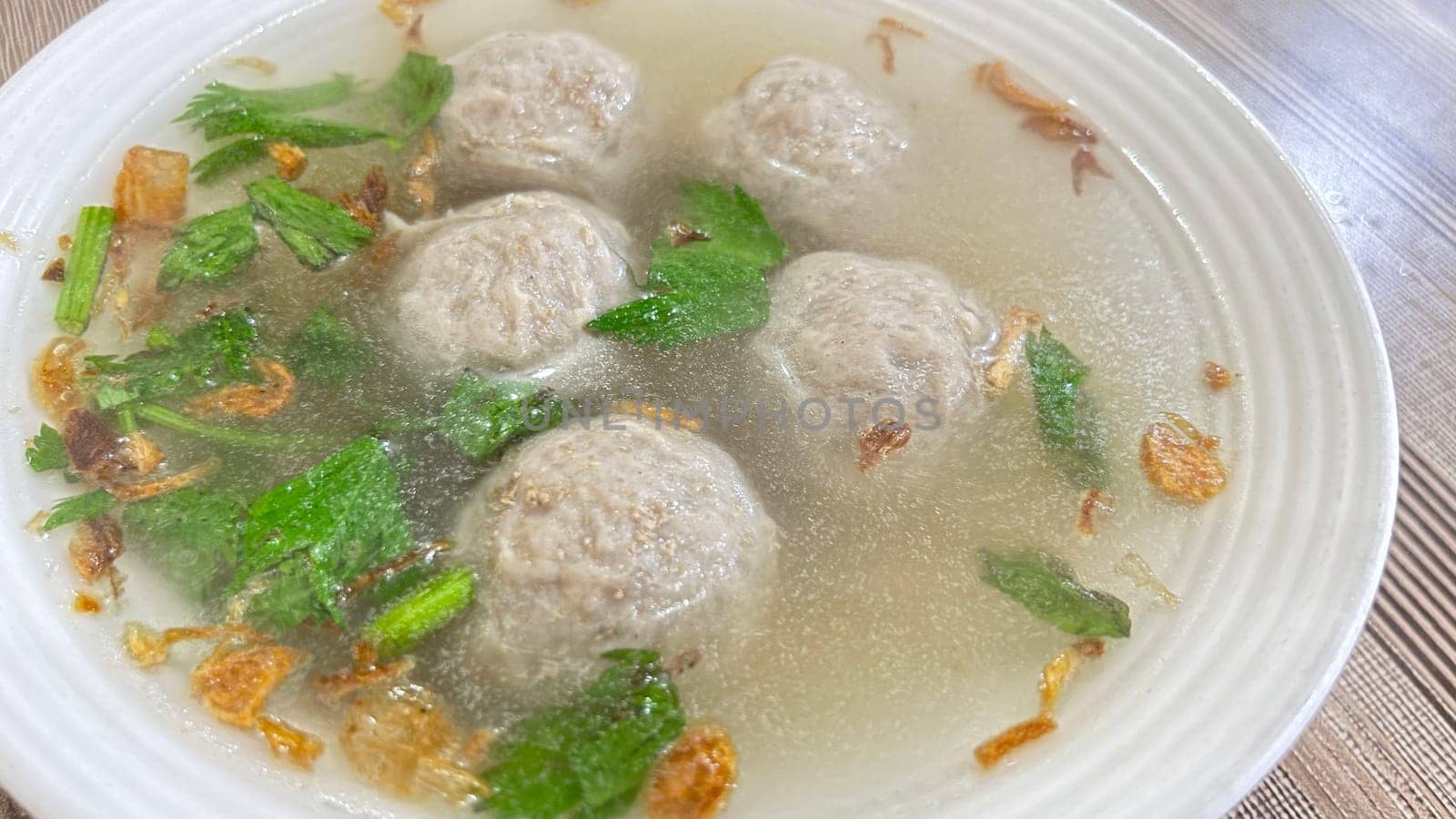 Delicious beef meatball soup tasty and healthy soup cooking also known as Bakso in Indonesia