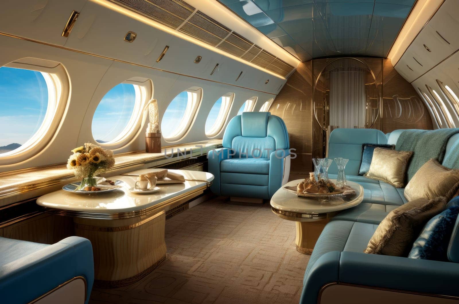 Spacious Luxury interior business jet flight. Corporate airplane. Generate Ai