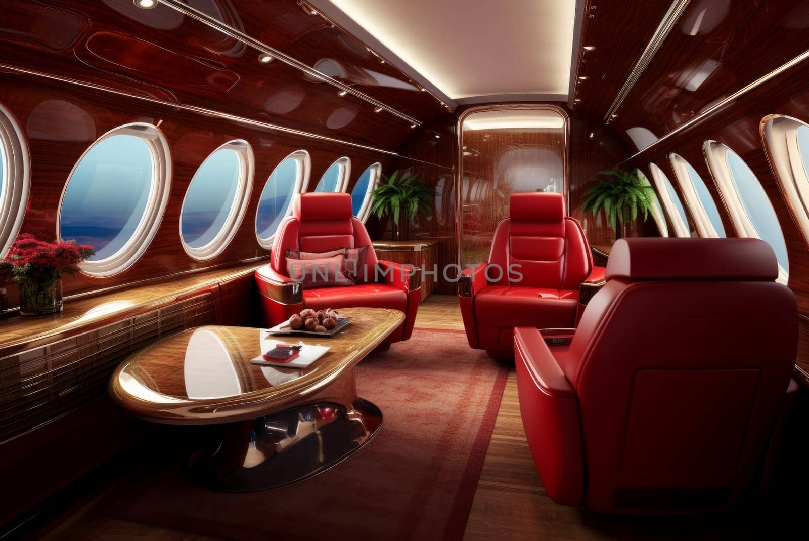 Personalized Luxury interior business jet flight. Corporate airplane. Generate Ai