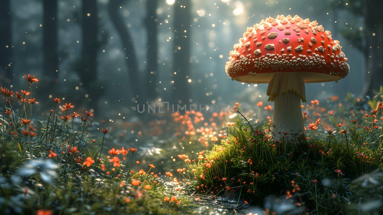 Magical mushroom in fantasy enchanted fairy tale forest. Neural network generated in January 2024. Not based on any actual scene or pattern.