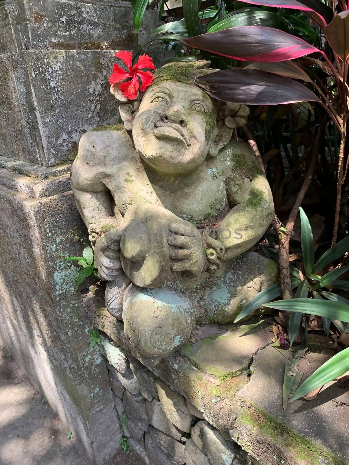 Beautiful artistic Bali stone statue of a Balinese ancient garden statue used as garden decoration, javanese gnome indonesia along with plants and flower