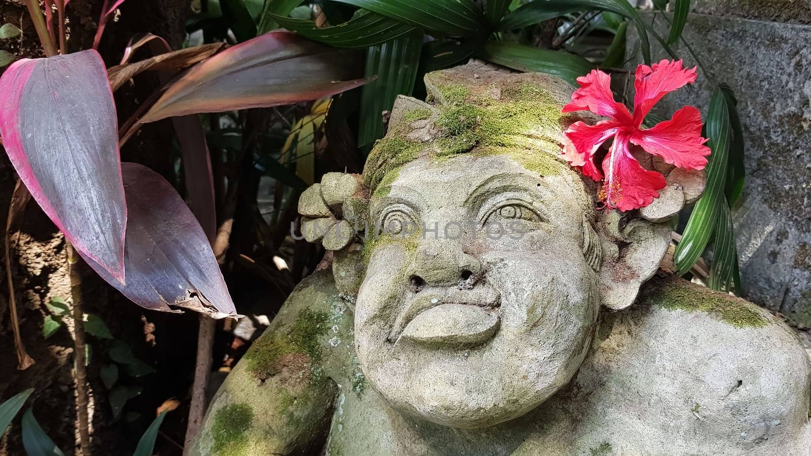 Beautiful artistic Bali stone statue of a Balinese ancient garden statue used as garden decoration, javanese gnome indonesia along with plants and flower