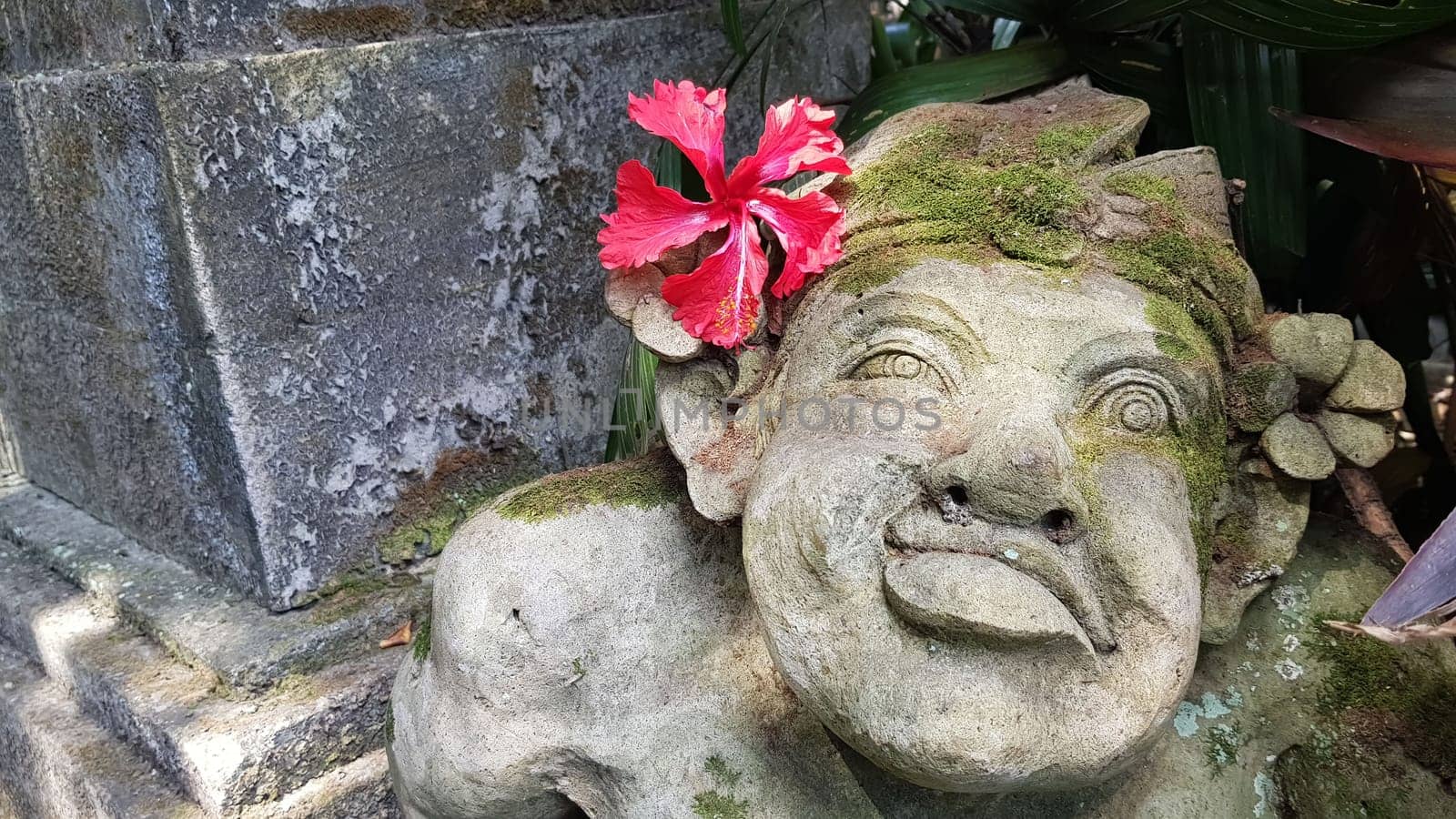 Beautiful artistic Bali stone statue of a Balinese ancient garden statue used as garden decoration, javanese gnome indonesia along with plants and flower