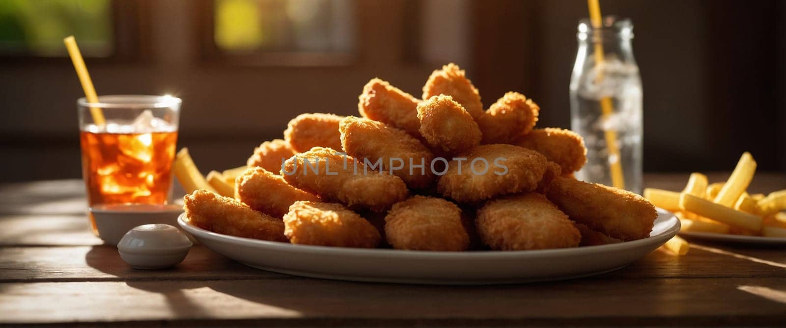 plate of chicken nuggets and french fries, wide horizontal ratio, blurred background bokeh effect, by verbano