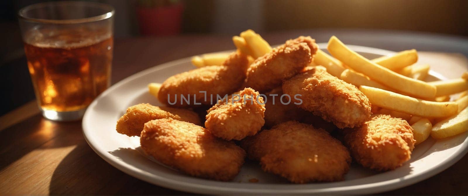 plate of chicken nuggets and french fries, wide horizontal ratio, blurred background bokeh effect, by verbano