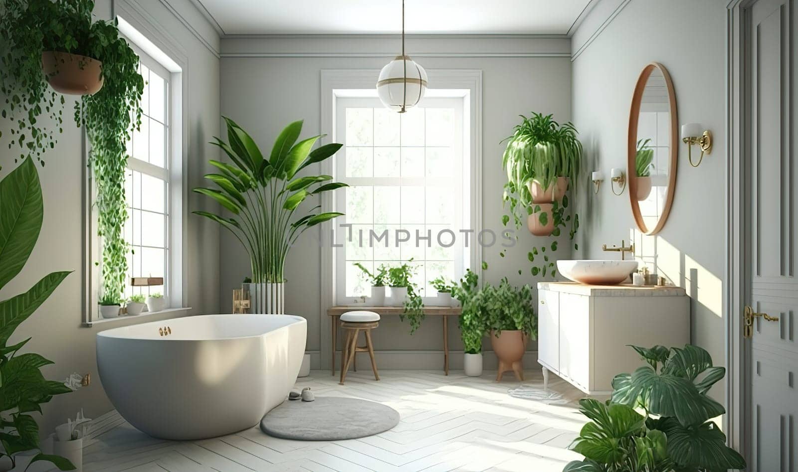 Stylish interior of bathroom with green houseplants, mirror and sunshine window