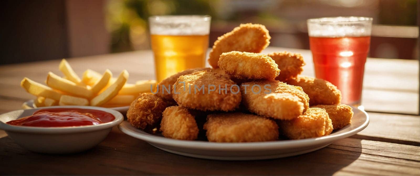 plate of chicken nuggets and french fries, wide horizontal aspect ratio, blurred sunny background with bokeh effect, AI generated