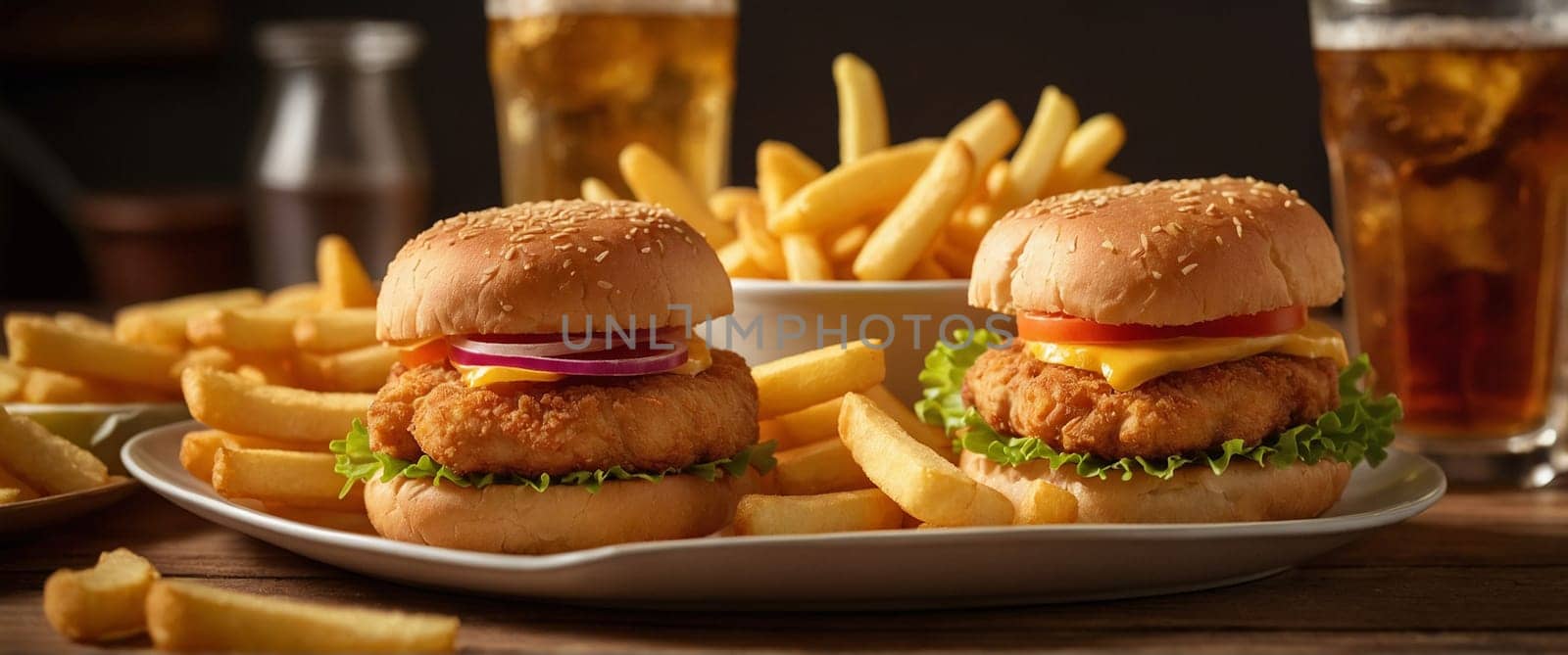 Fast-food dinner at home, burger, fries, chicken nuggets and soda, blurry background , bokeh effect by verbano