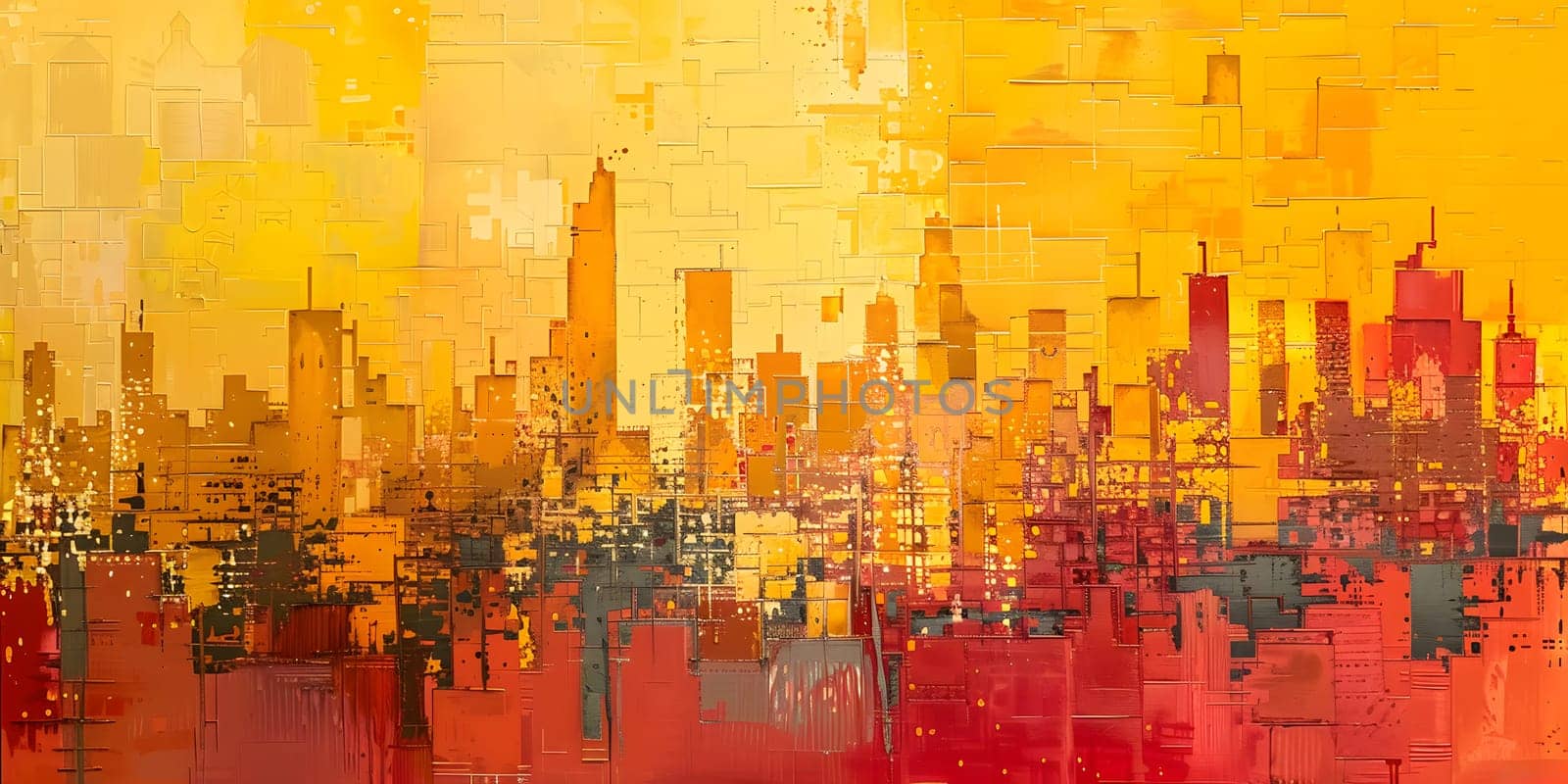 Cityscape painting with skyscrapers against orange sky background by Nadtochiy