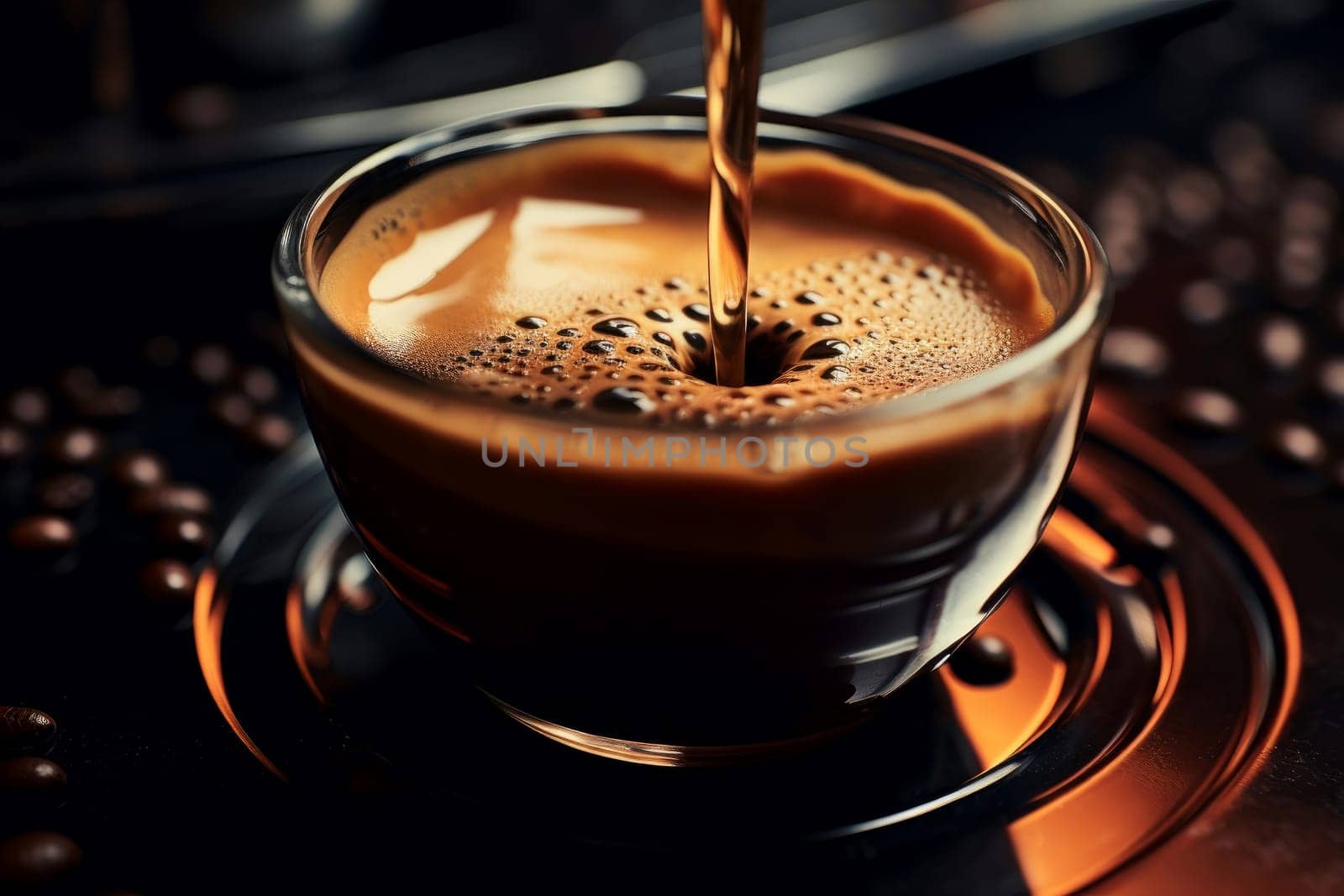 Aromatic Espresso foam cup shot. Hot drink. Generate Ai