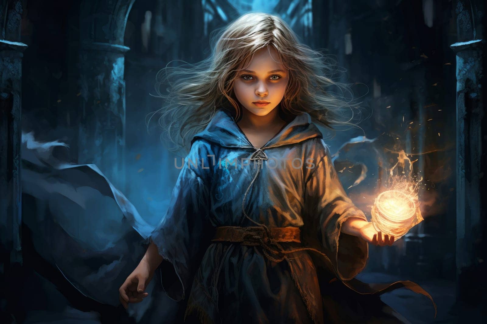 Mystical Mage child girl fantasy dungeon. Generate Ai by ylivdesign