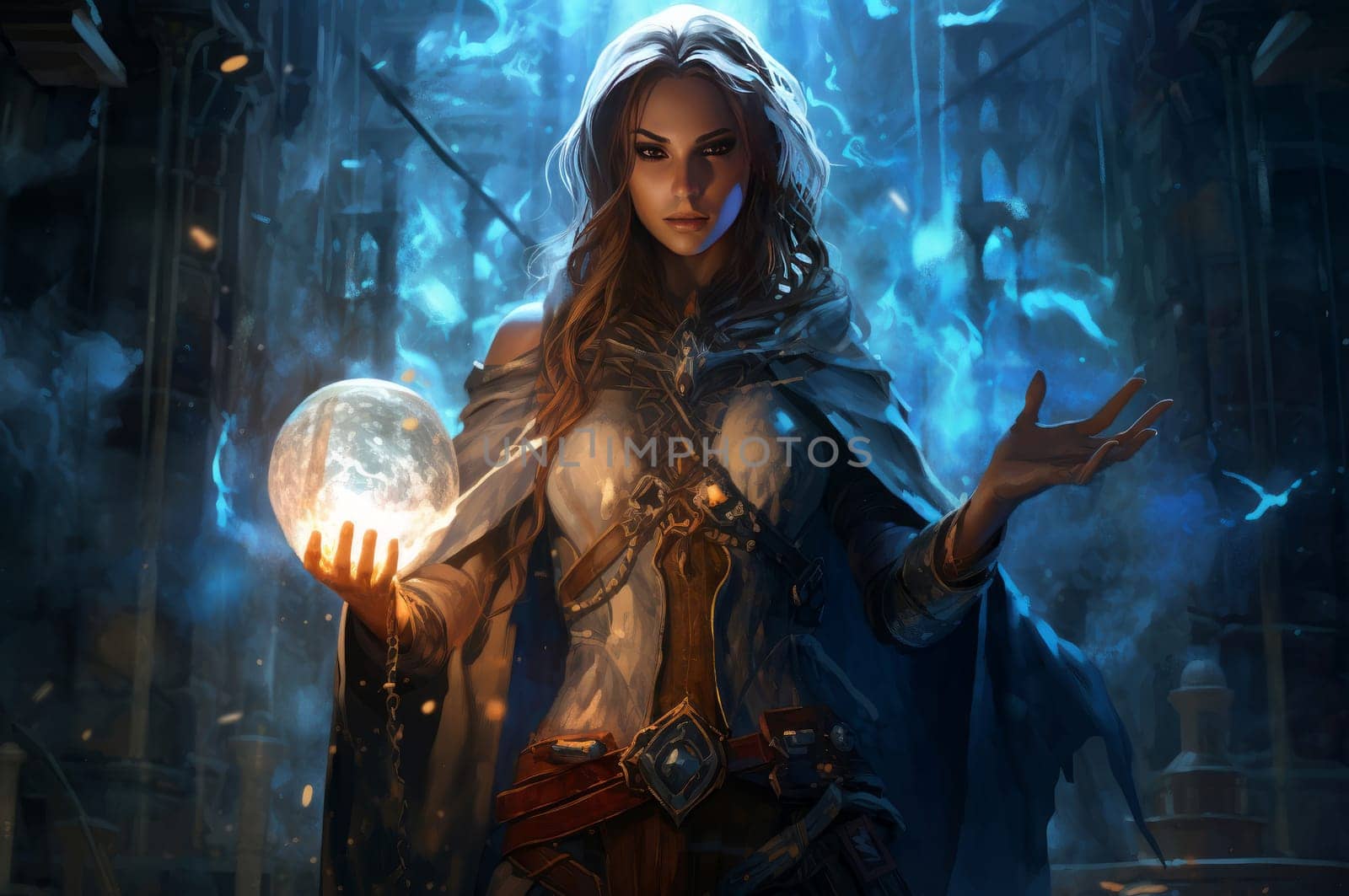 Powerful Mage woman fantasy dungeon. Magic power. Generate Ai