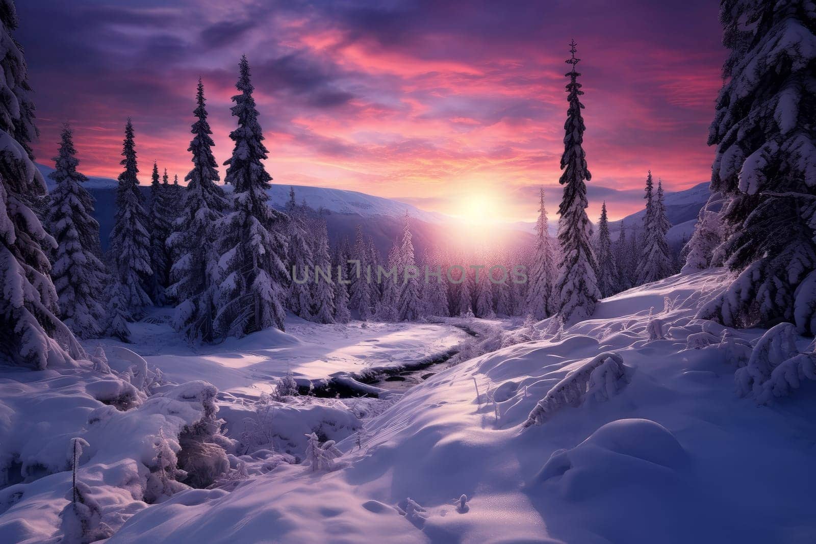 Magic winter blurred landscape cold. Festive forest. Generate Ai