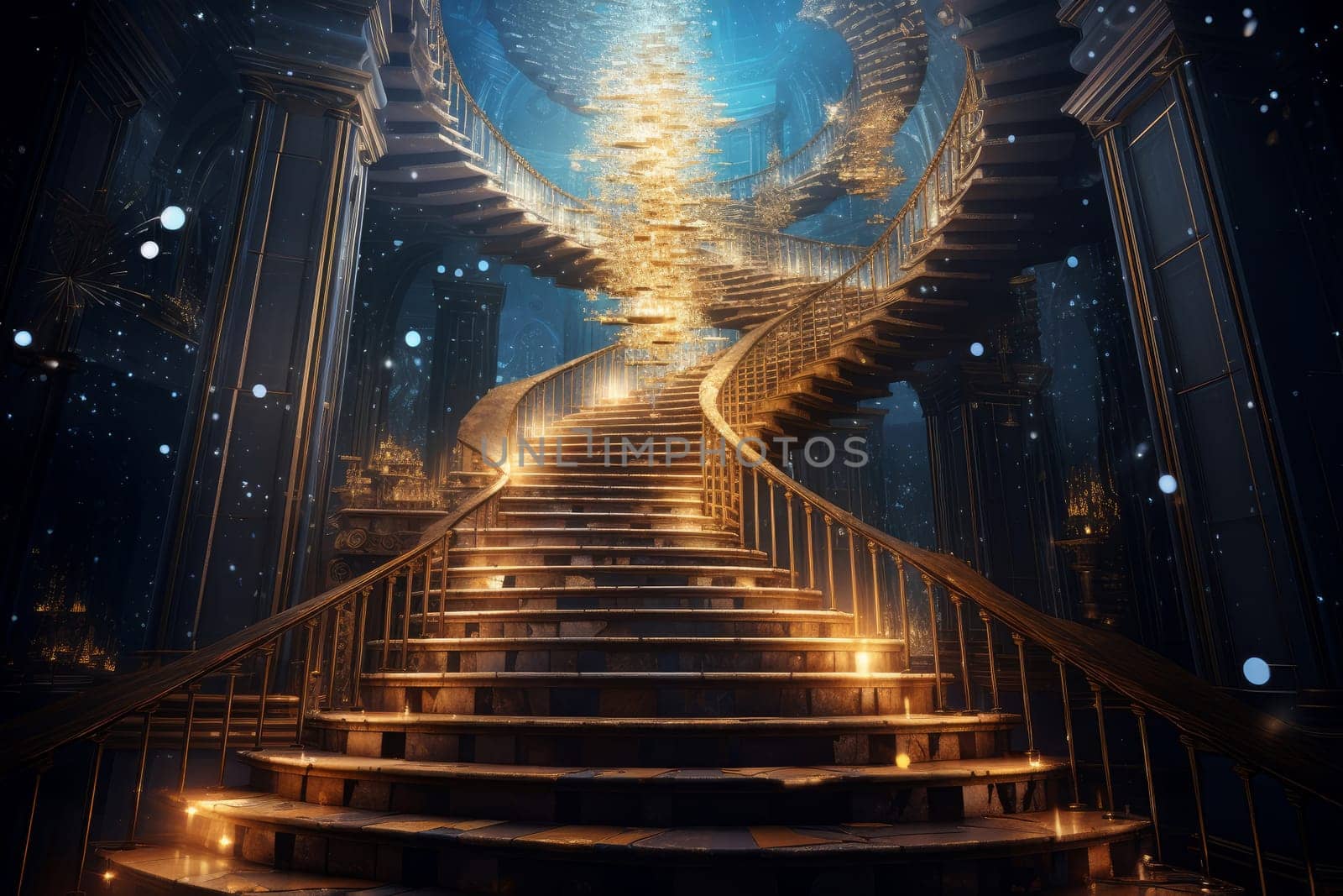 Spiraling Magical infinite staircase. Sky universe. Generate Ai