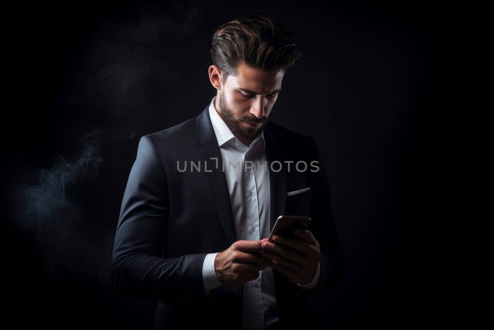 Determined Airport businessman with smartphone. Generate Ai by ylivdesign