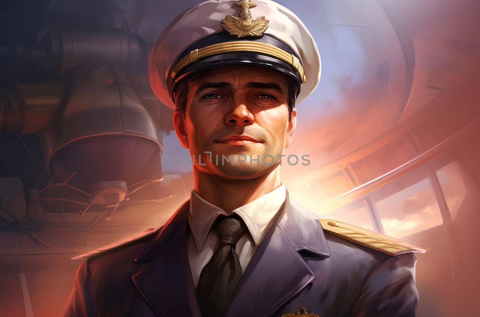 Experienced Male captain airplane at sunset. Uniform officer. Generate Ai