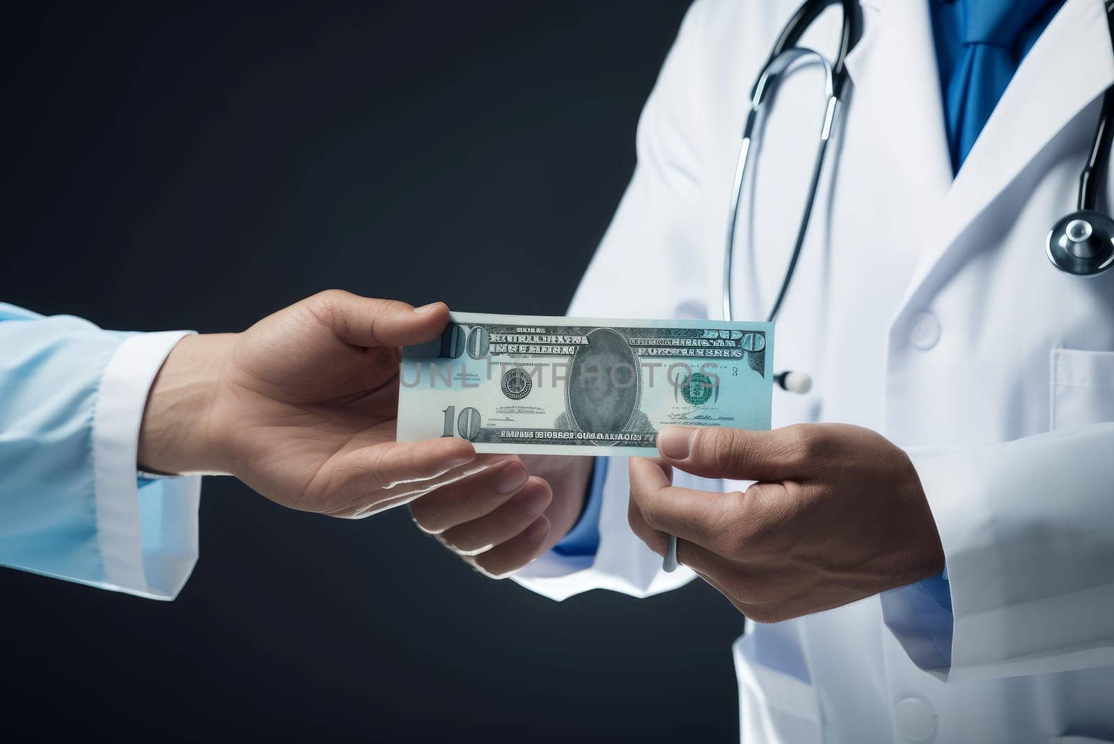 Illicit Male doctor receiving money from patient illustration. Generate Ai by ylivdesign