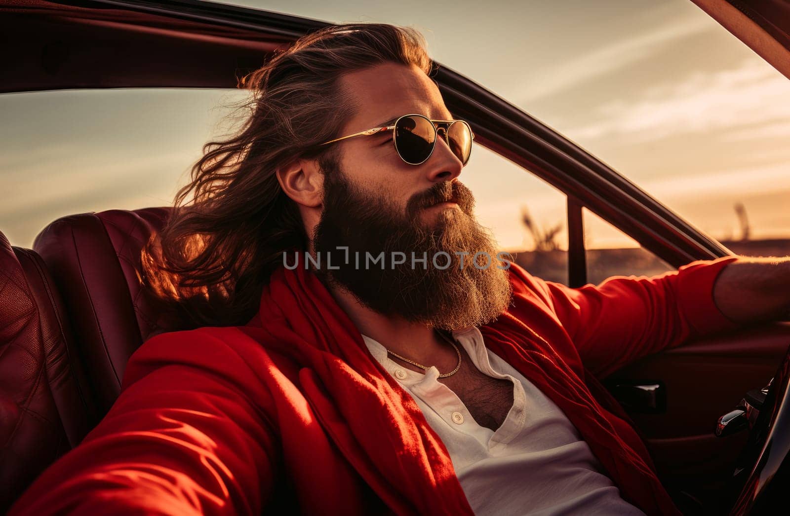 Senior man bearded drive cabriolet. Person happy travel style. Generate Ai