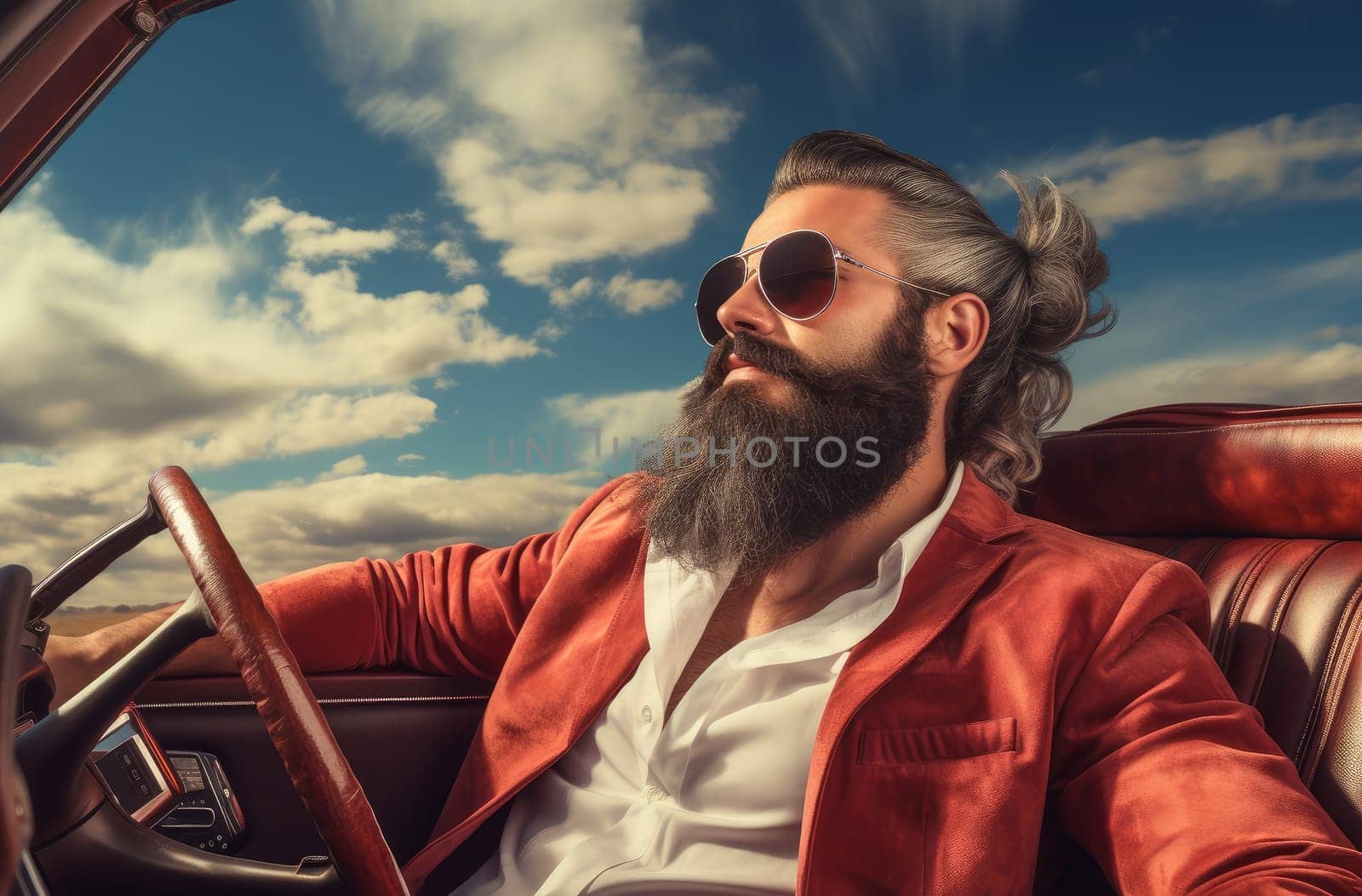 Elderly Senior man bearded drive cabriolet. Person happy travel style. Generate Ai
