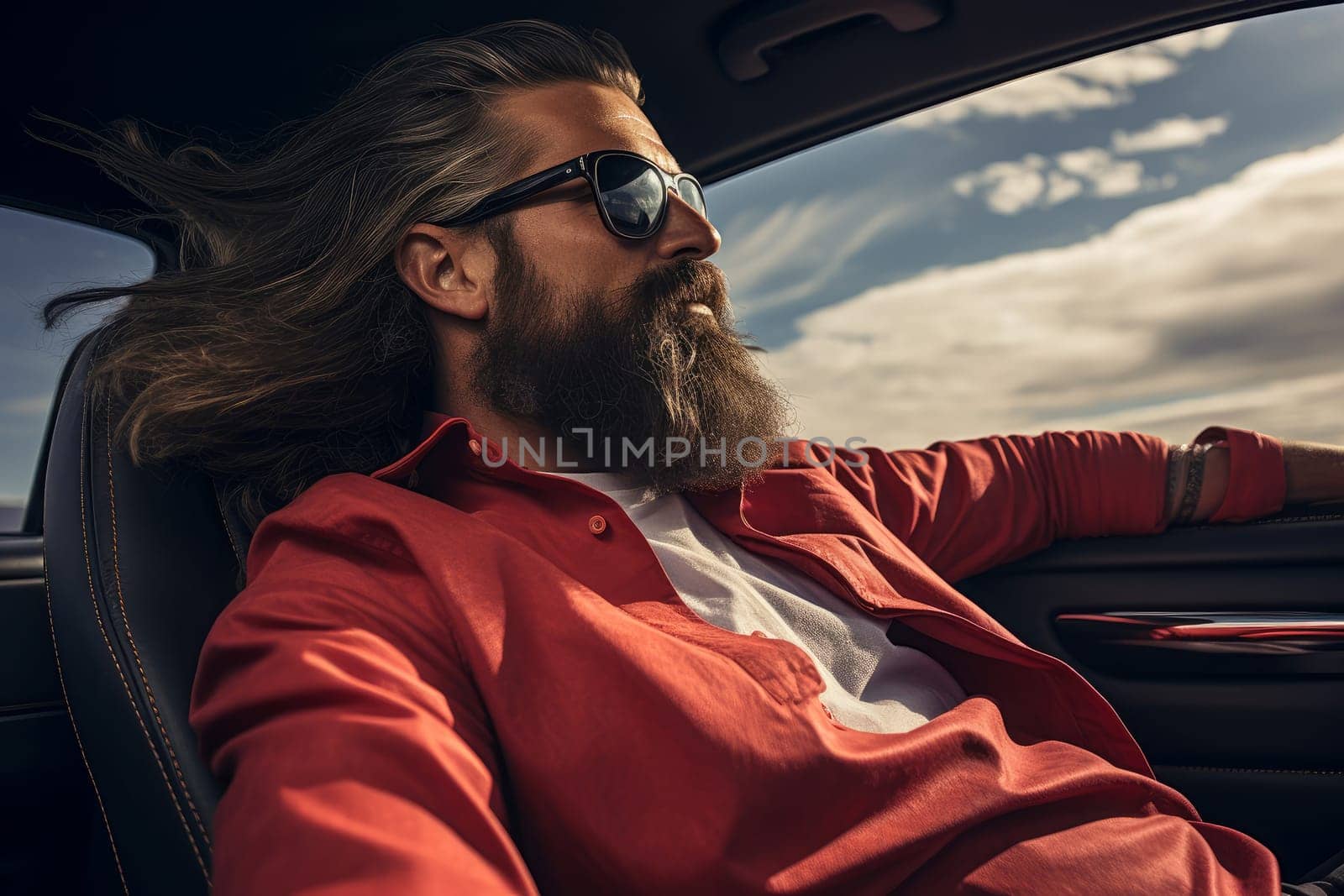 Rugged Senior man bearded drive cabriolet. Person happy travel style. Generate Ai