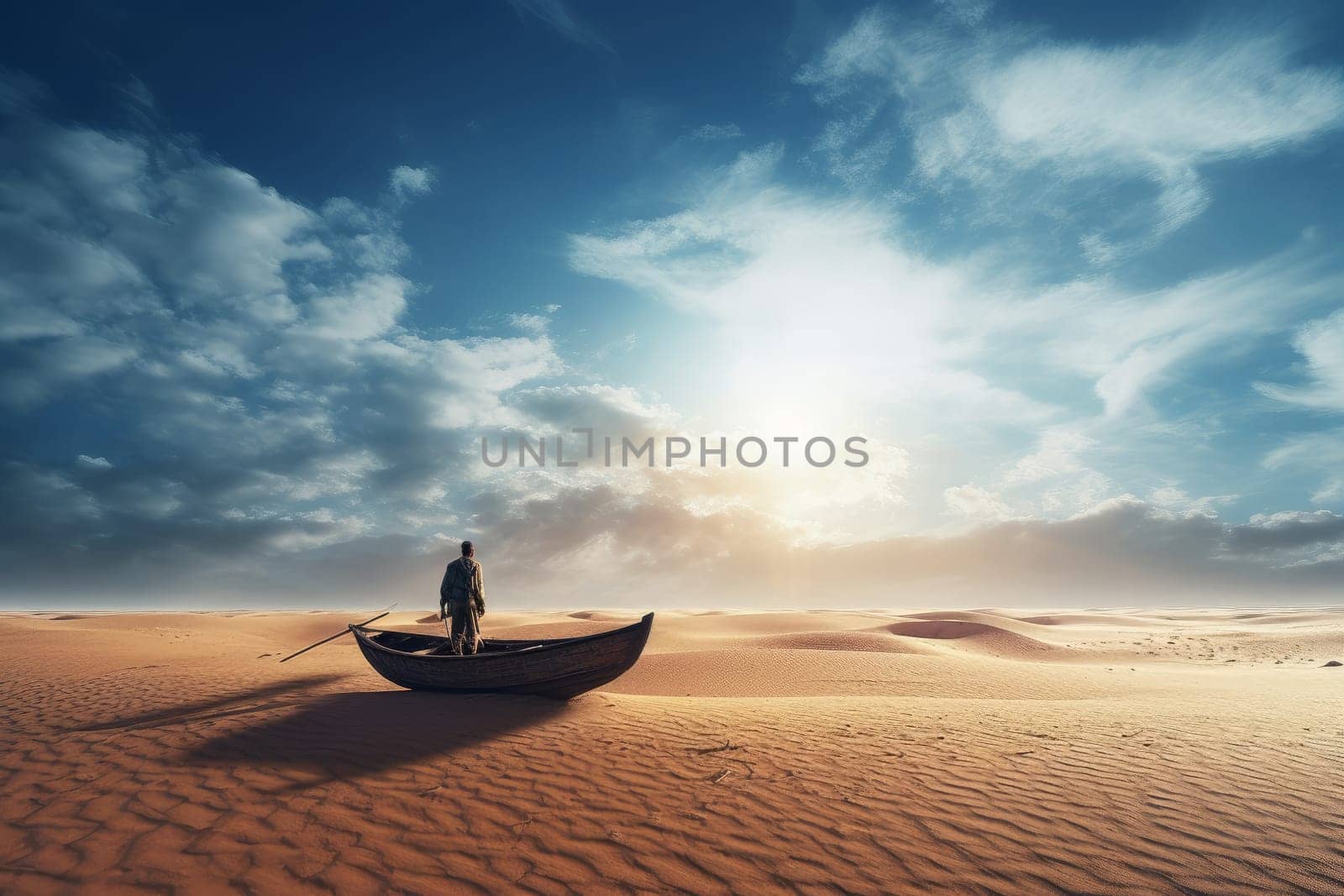 Man boat desert. Generate Ai by ylivdesign