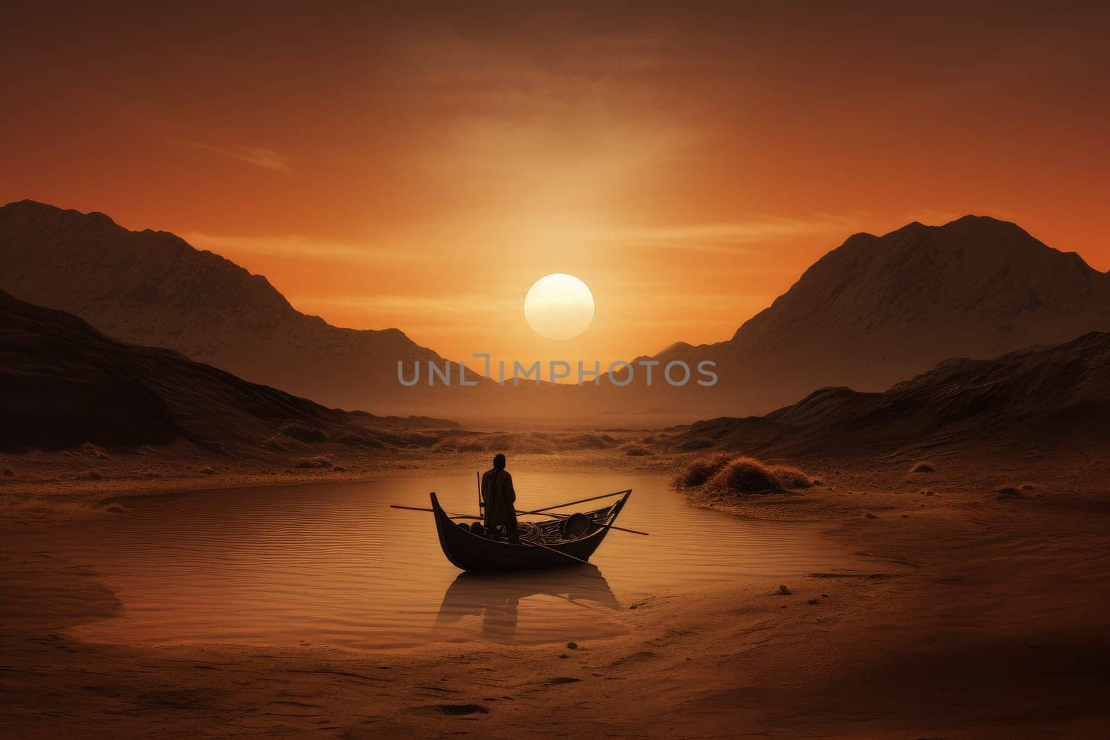 Stranded Man boat desert. Generate Ai by ylivdesign