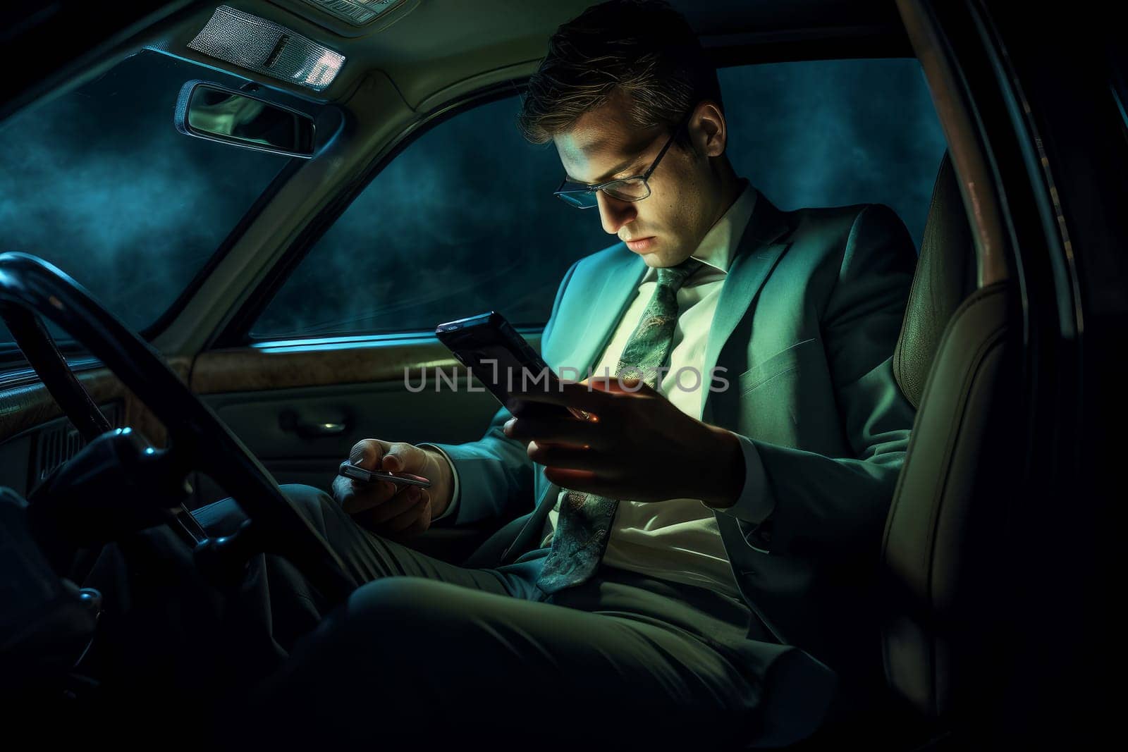 Busy Man car using phone. Generate Ai by ylivdesign
