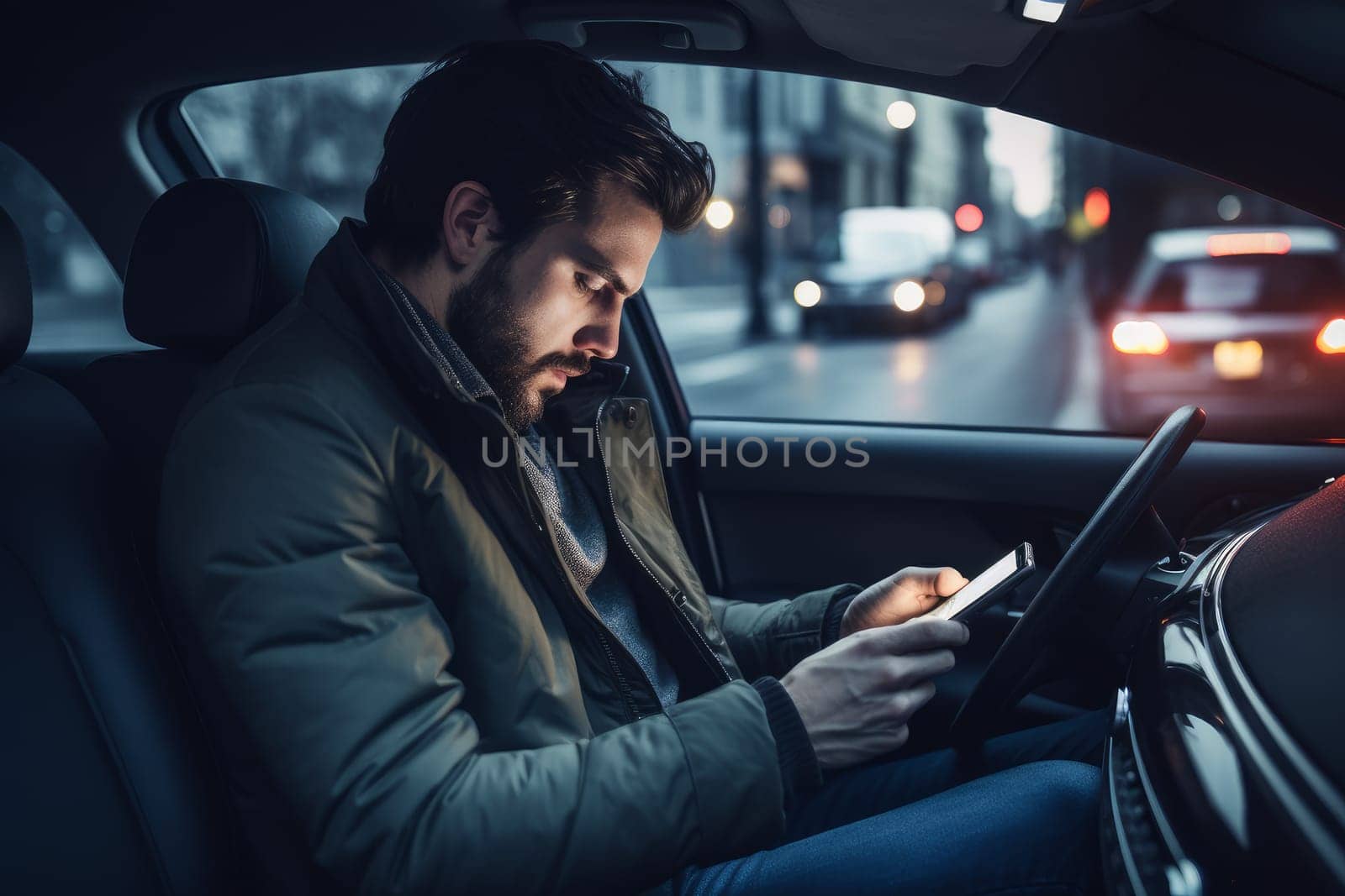 Technologically savvy Man car using phone. Driver road. Generate Ai