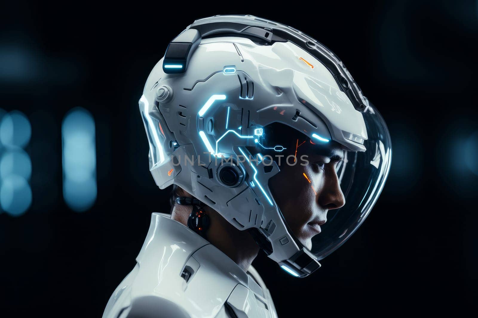 Futuristic Man cyber helmet. Generate Ai by ylivdesign