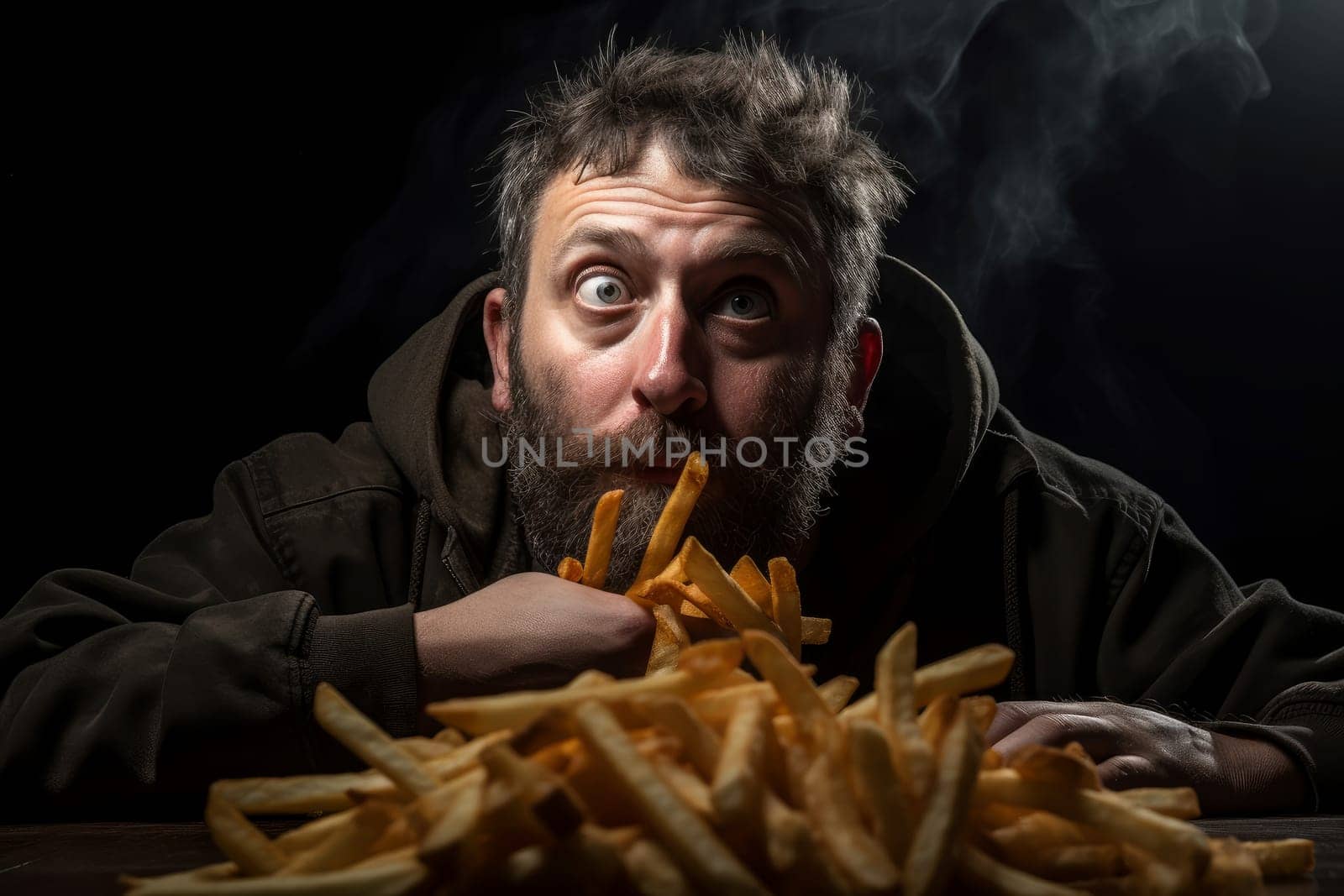 Hungry Man eating french fries. Generate AI by ylivdesign