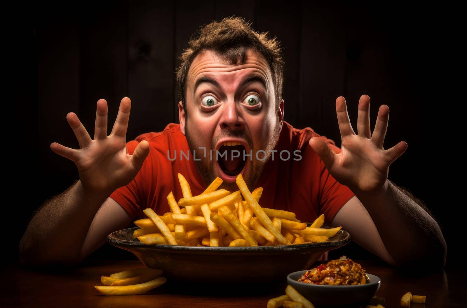 Satisfied Man eating french fries. Generate AI by ylivdesign