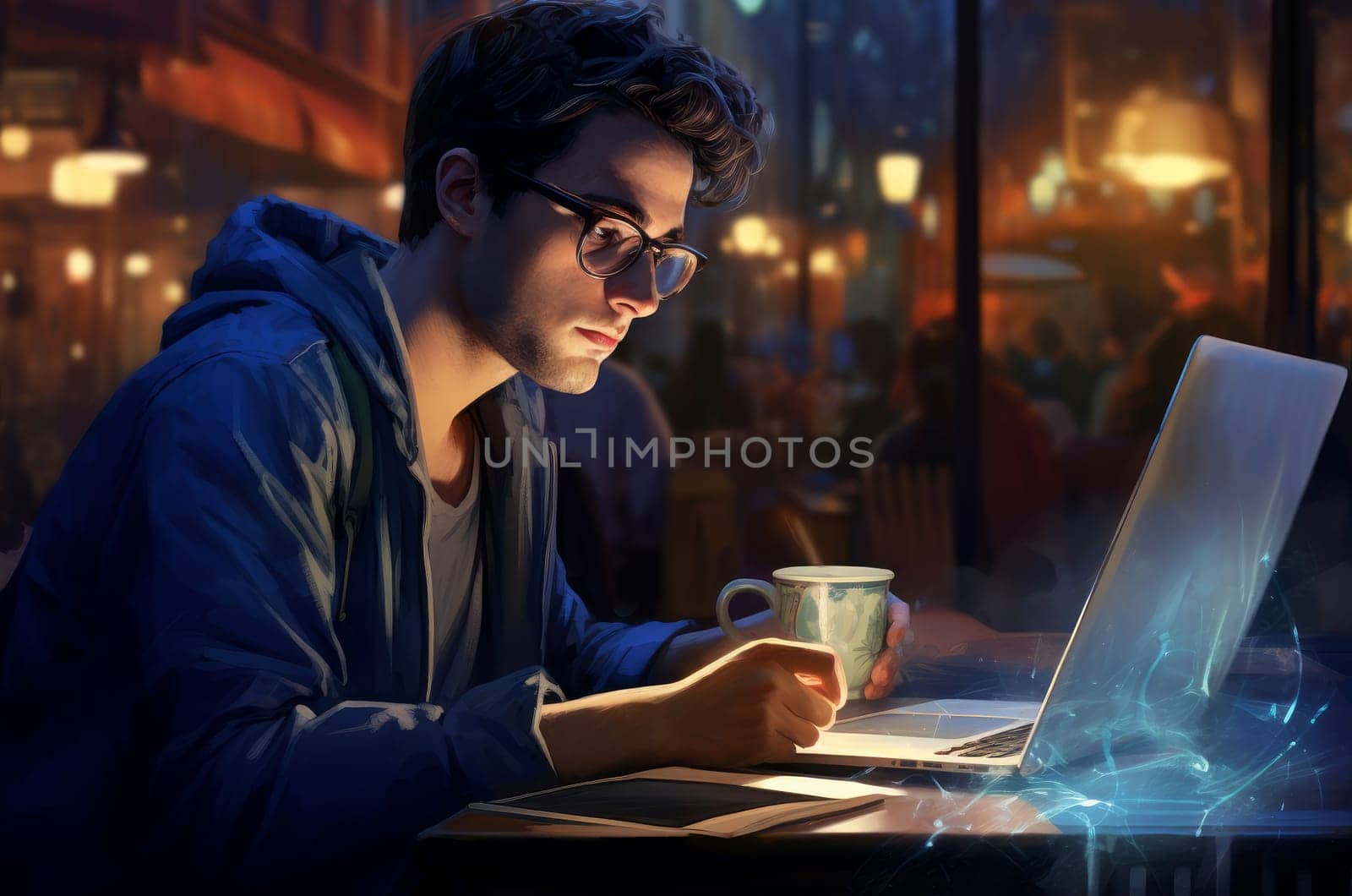 Intellectual Man glasses laptop. Work person. Generate Ai